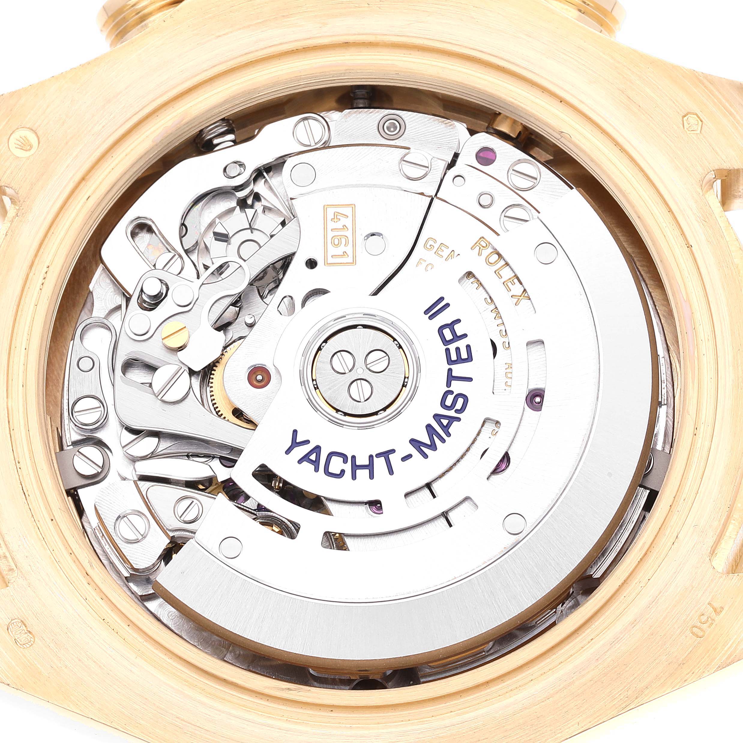 The image shows the internal mechanism of a Rolex Yacht-Master 116688 Men's Yellow Gold White Dial 116688 Men's Yellow Gold White Dial watch from a top-down angle with the case back removed.