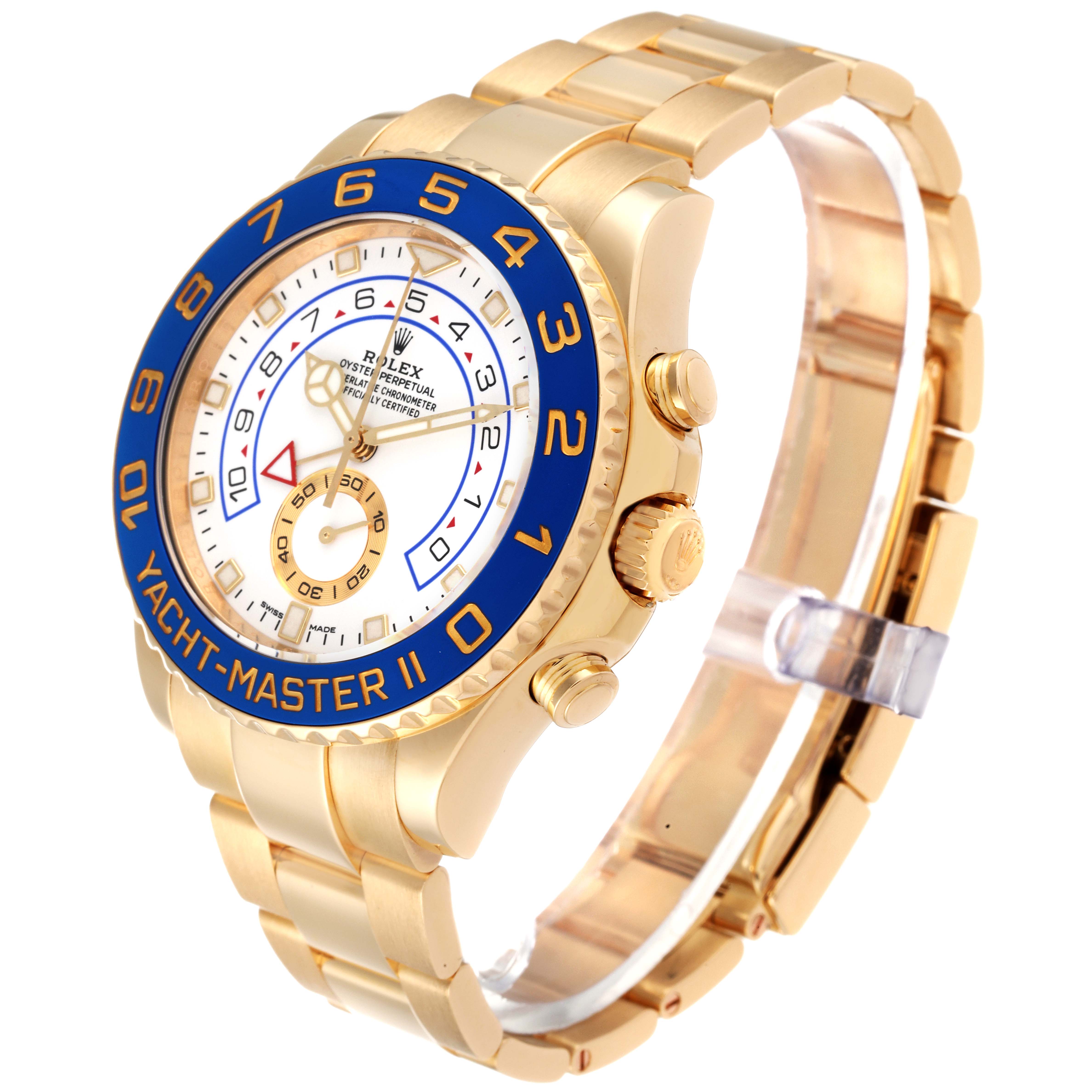 This Rolex Yacht-Master 116688 Men's Yellow Gold White Dial 116688 Men's Yellow Gold White Dial II watch is shown at a three-quarter angle, displaying the face, bezel, crown, and bracelet.