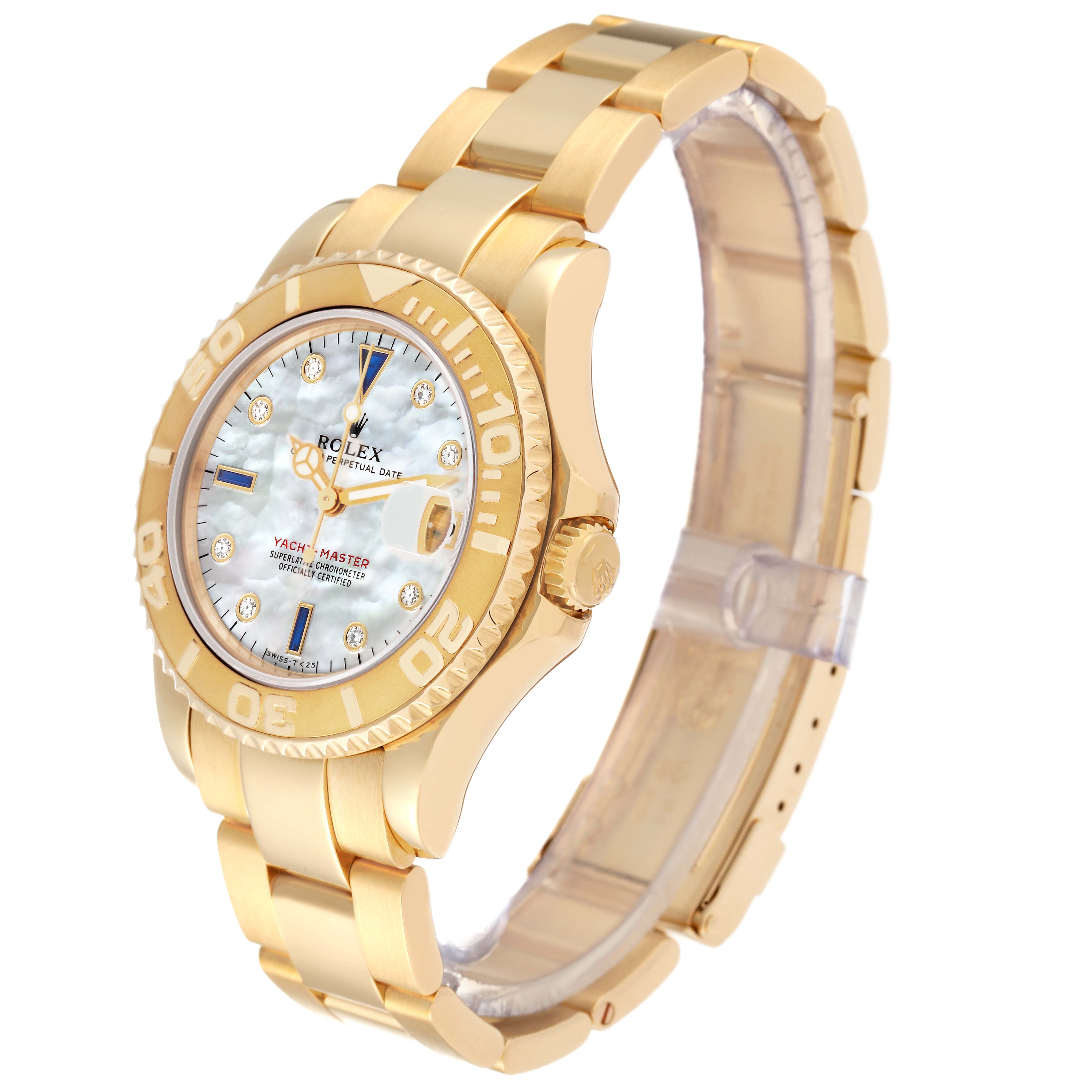 The image shows a Rolex Yacht-Master 68628 Men's Yellow Gold Mother of Pearl Dial 68628 Men's Yellow Gold Mother of Pearl Dial watch at a three-quarter angle, highlighting the face, case, bezel, and part of the bracelet.
