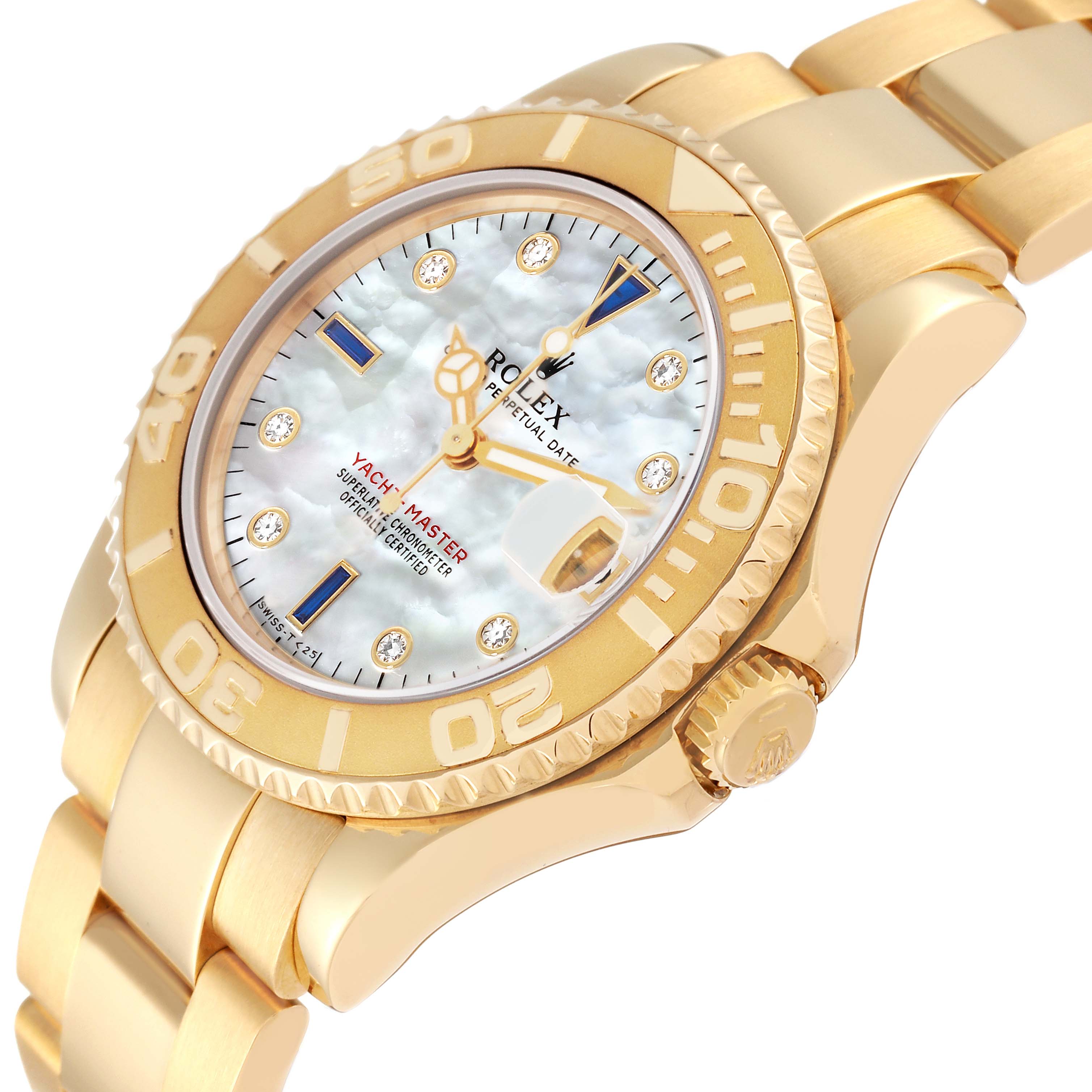 The image shows a close-up, side-angle view of a Rolex Yacht-Master 68628 Men's Yellow Gold Mother of Pearl Dial 68628 Men's Yellow Gold Mother of Pearl Dial watch highlighting its dial, bezel, and crown.