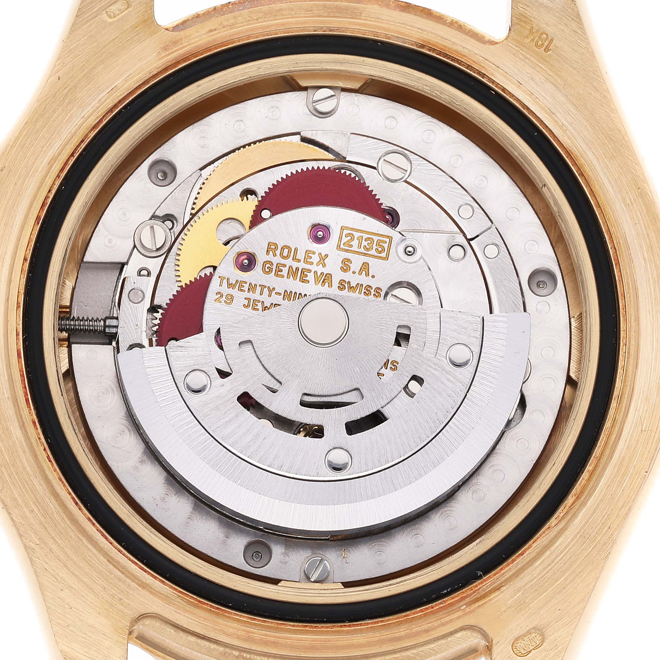 This image shows the internal movement mechanism of a Rolex Yacht-Master 68628 Men's Yellow Gold Mother of Pearl Dial 68628 Men's Yellow Gold Mother of Pearl Dial watch, viewed from the back case.