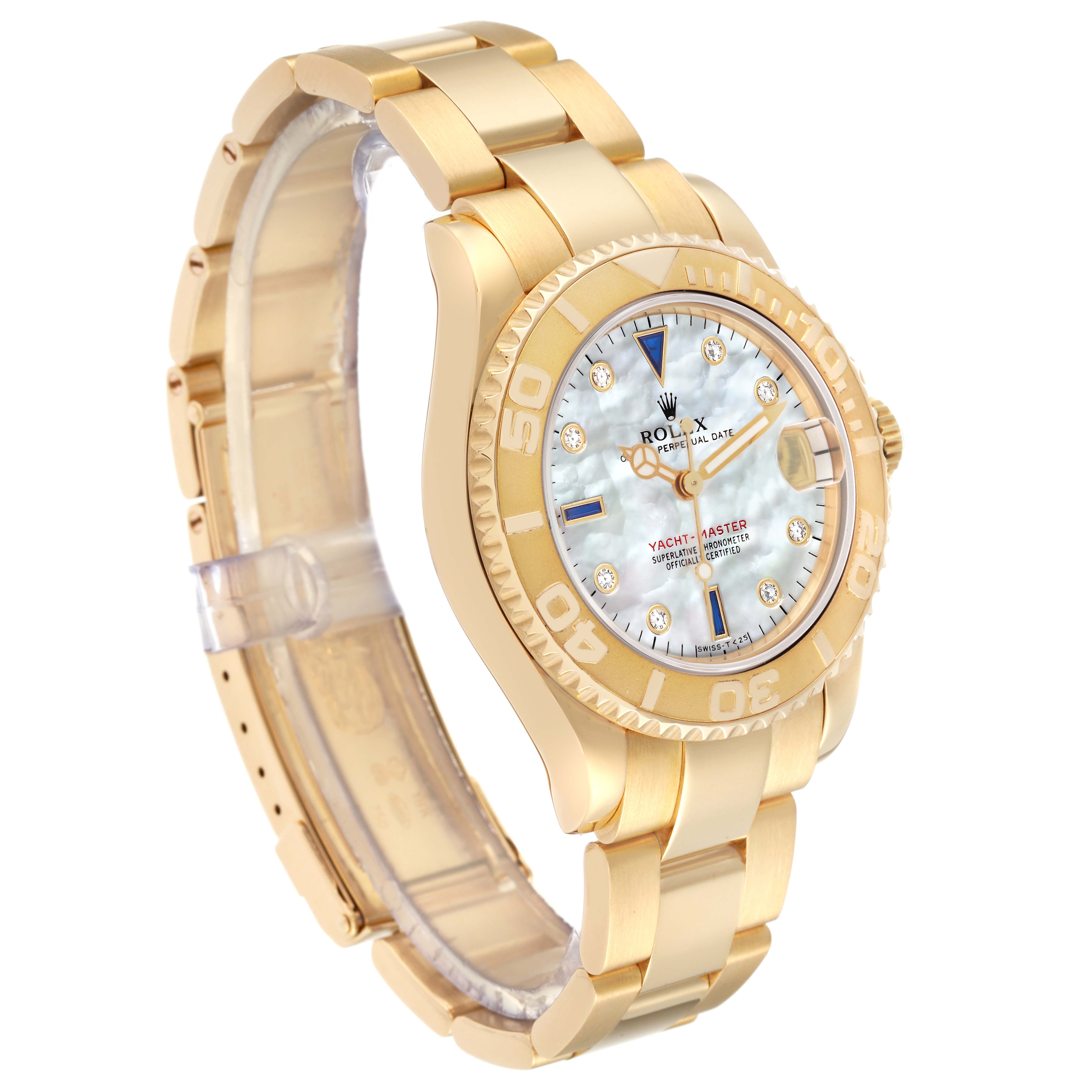 The image shows a side angle of the Rolex Yacht-Master 68628 Men's Yellow Gold Mother of Pearl Dial 68628 Men's Yellow Gold Mother of Pearl Dial watch, highlighting its gold bracelet, bezel, and dial.