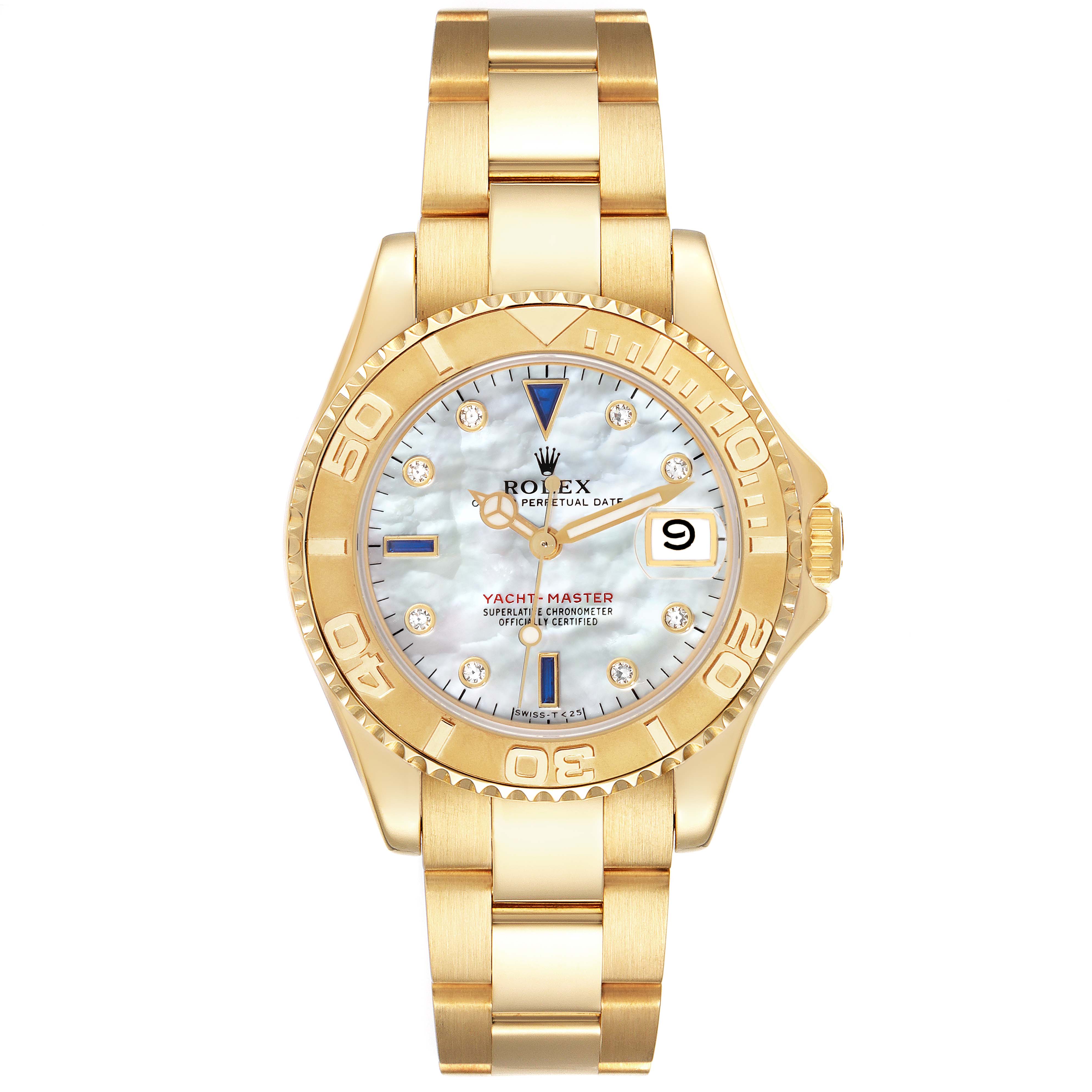 This image shows a front view of the Rolex Yacht-Master 68628 Men's Yellow Gold Mother of Pearl Dial 68628 Men's Yellow Gold Mother of Pearl Dial watch, featuring its face, dial, bezel, and bracelet.