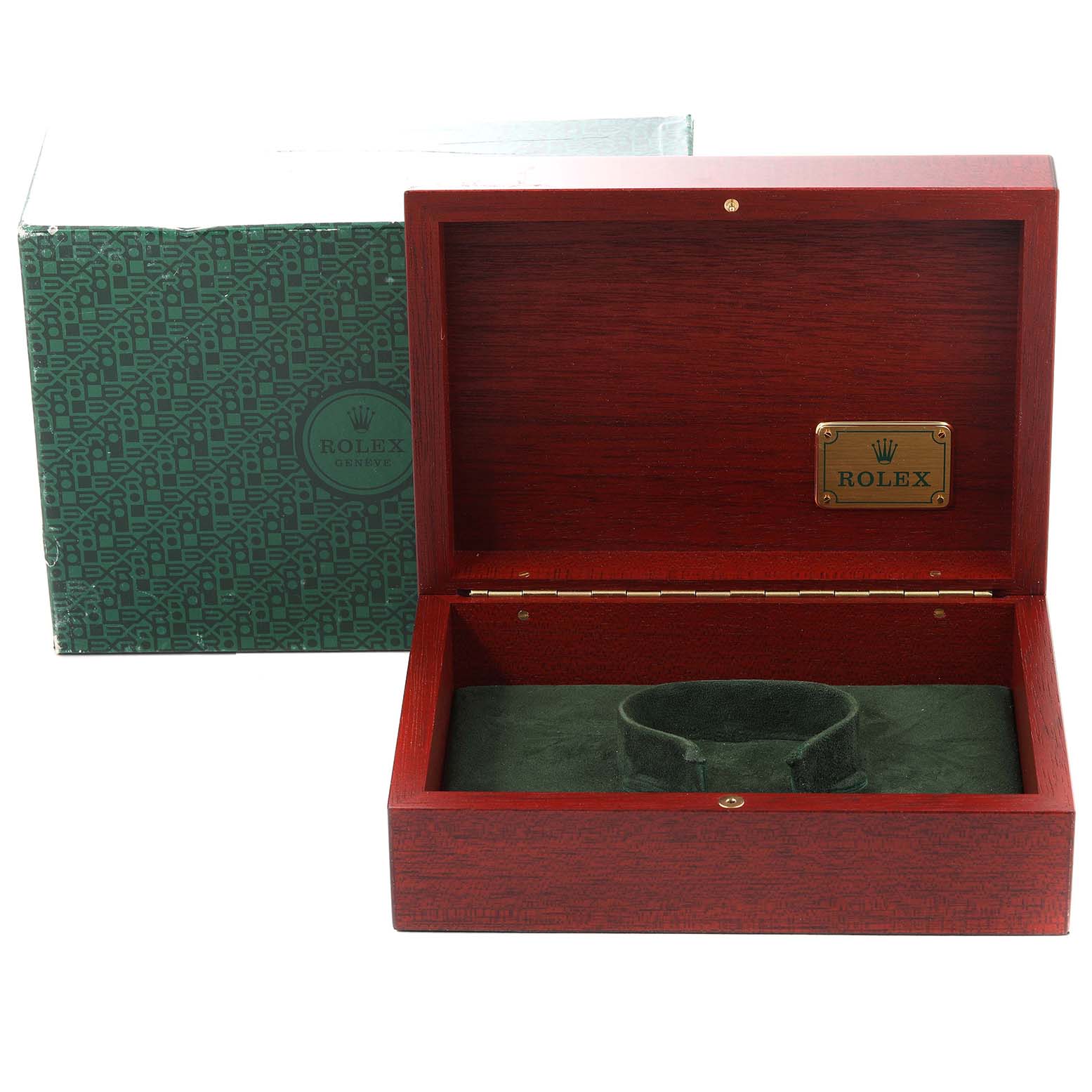 The image shows an opened wooden Rolex Yacht-Master 68628 Men's Yellow Gold Mother of Pearl Dial 68628 Men's Yellow Gold Mother of Pearl Dial watch box with a protective green cushion inside.