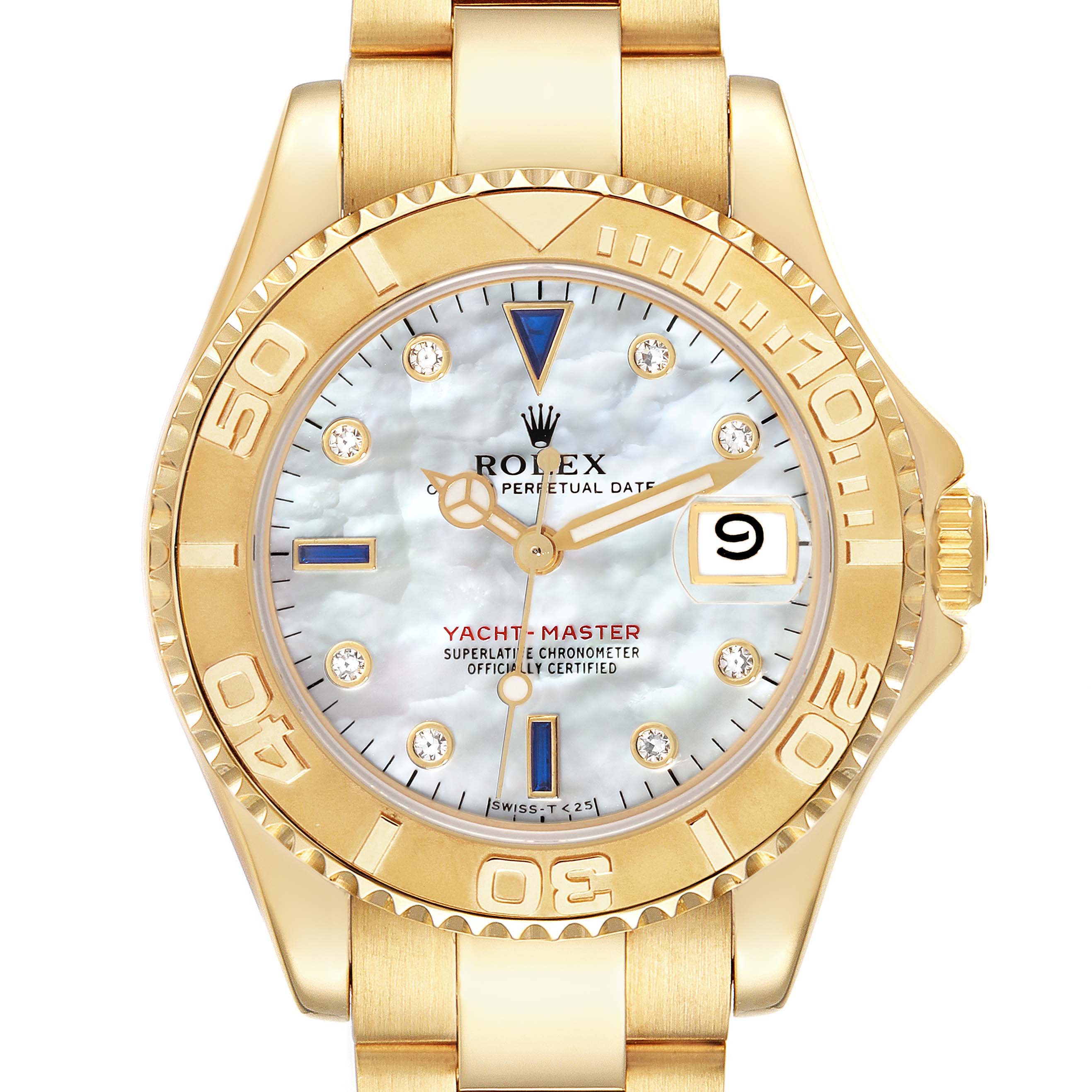 The image shows a frontal view of a Rolex Yacht-Master 68628 Men's Yellow Gold Mother of Pearl Dial 68628 Men's Yellow Gold Mother of Pearl Dial watch, highlighting its gold case, bezel, and mother-of-pearl dial.