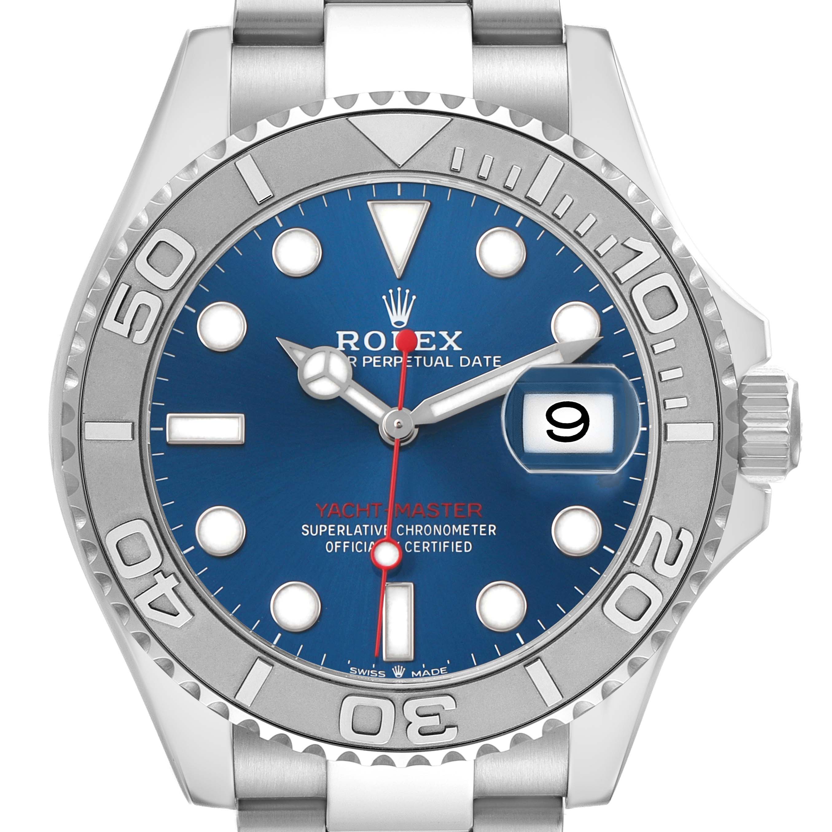 The Rolex Yacht-Master 126622 Men
s Stainless Steel Blue Dial watch is shown from a front view, displaying its dial, bezel, and part of the strap.