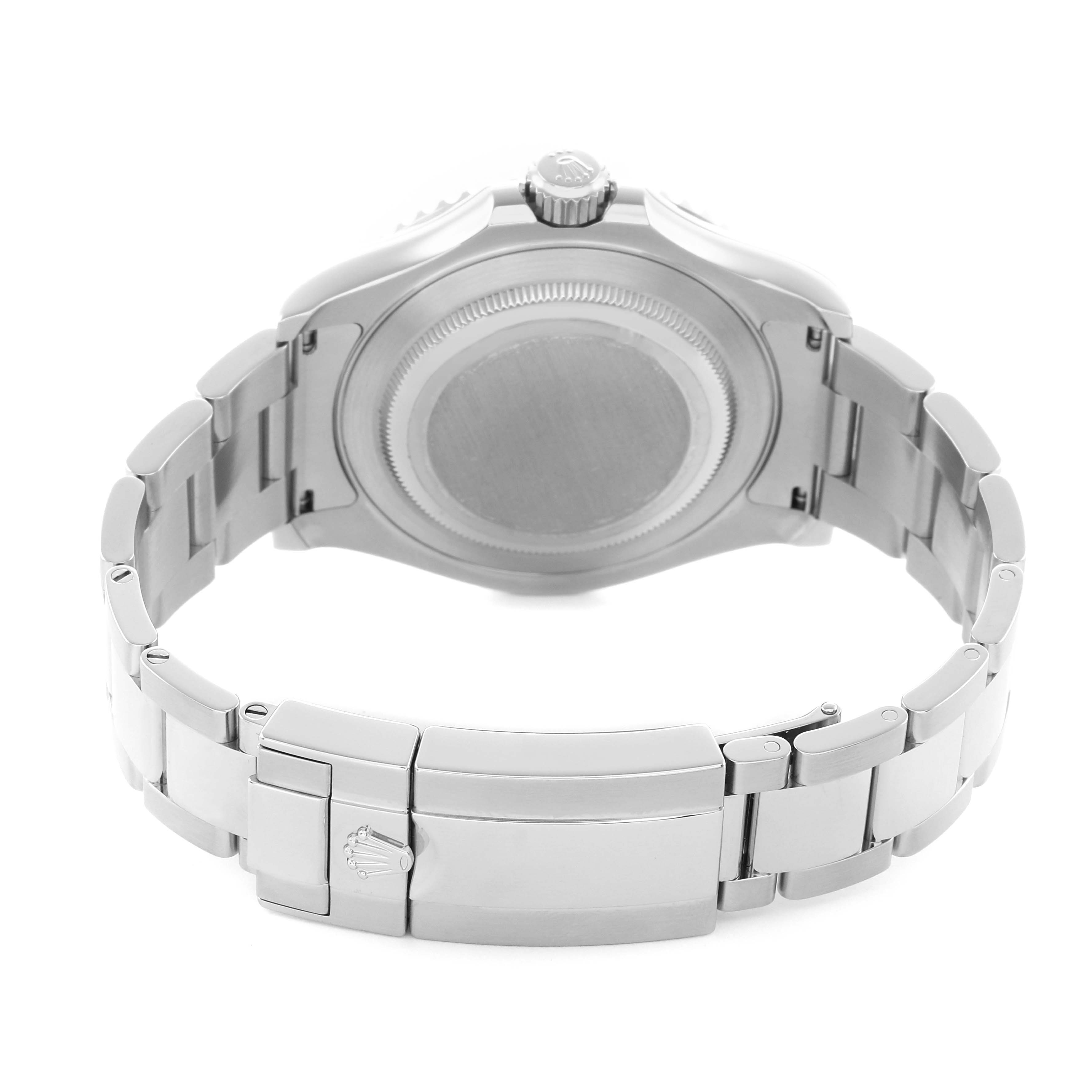 The image shows the back view of the Rolex Yacht-Master 126622 Men
s Stainless Steel Blue Dial, highlighting the case back, bracelet, and clasp.