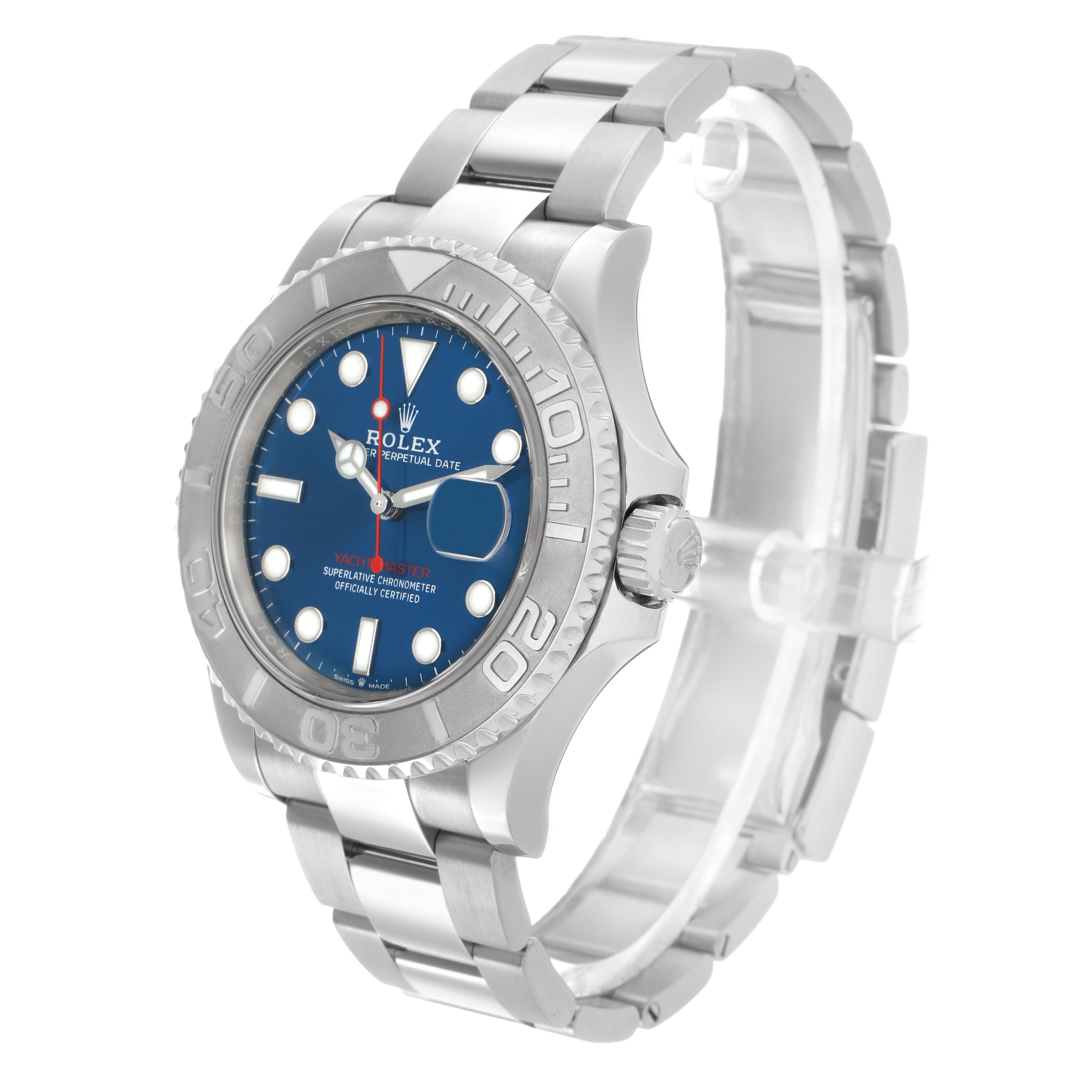 The Rolex Yacht-Master 126622 Men
s Stainless Steel Blue Dial watch is shown at a three-quarter angle highlighting the face, bezel, and bracelet.