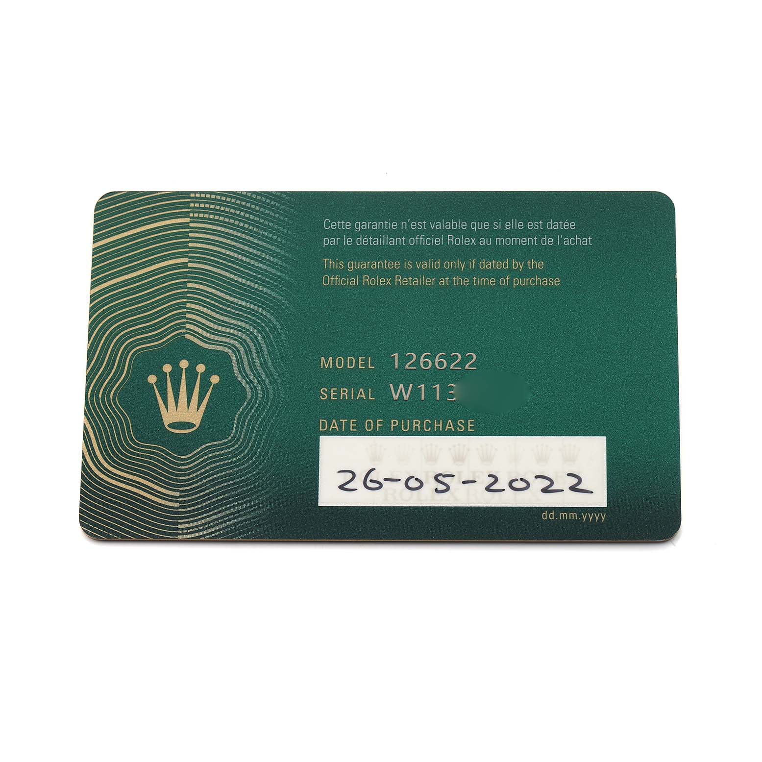 This image shows a guarantee card for the Rolex Yacht-Master 126622 Men
s Stainless Steel Blue Dial model, detailing model number, serial, and purchase date.