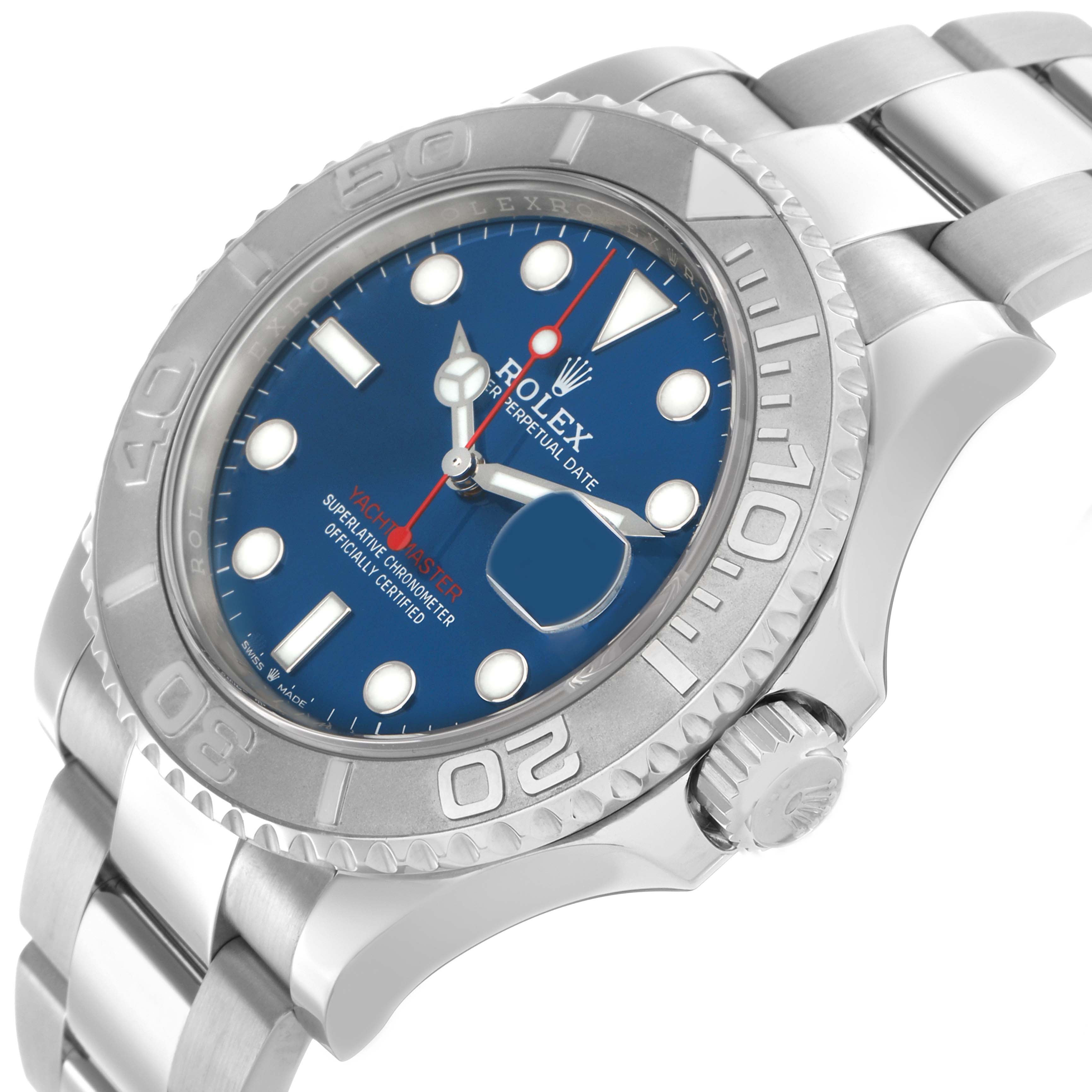 The image shows a side angle of the Rolex Yacht-Master 126622 Men
s Stainless Steel Blue Dial, highlighting its bezel, crown, dial, and bracelet.