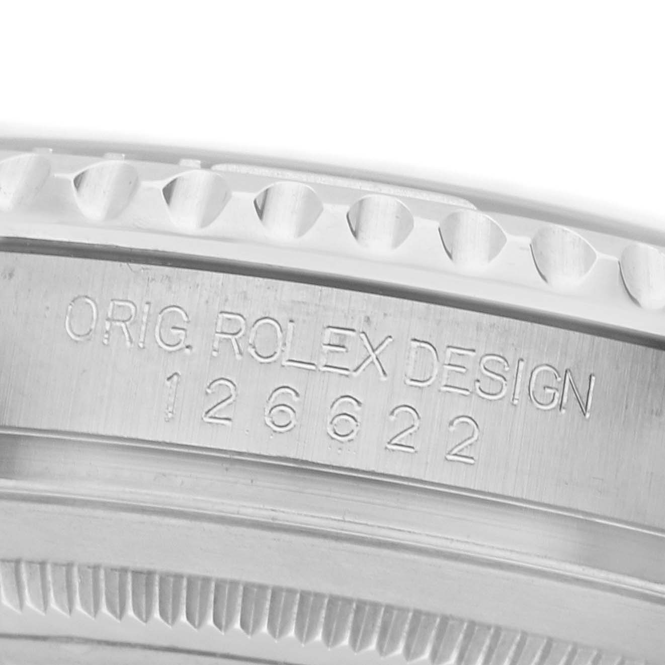 The image shows the engraved side of the bezel of a Rolex Yacht-Master 126622 Men
s Stainless Steel Blue Dial, displaying the model number 126622.