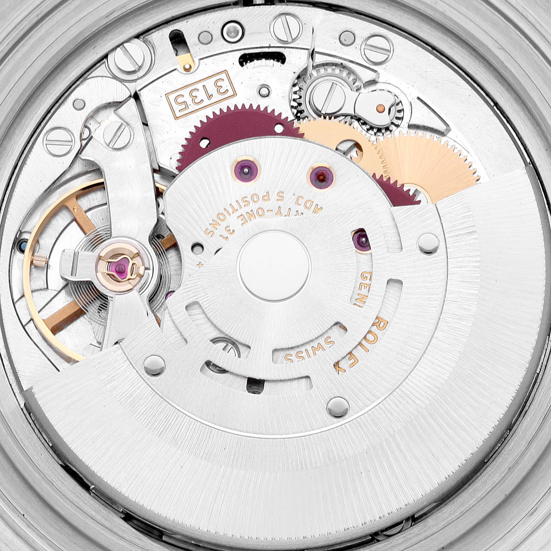 The image shows the intricate internal mechanism of a Rolex Yacht-Master 16623 Men's Steel and Gold (two tone) Champagne Dial 16623 Men's Steel and Gold (two tone) Champagne Dial watch, highlighting gears and components.