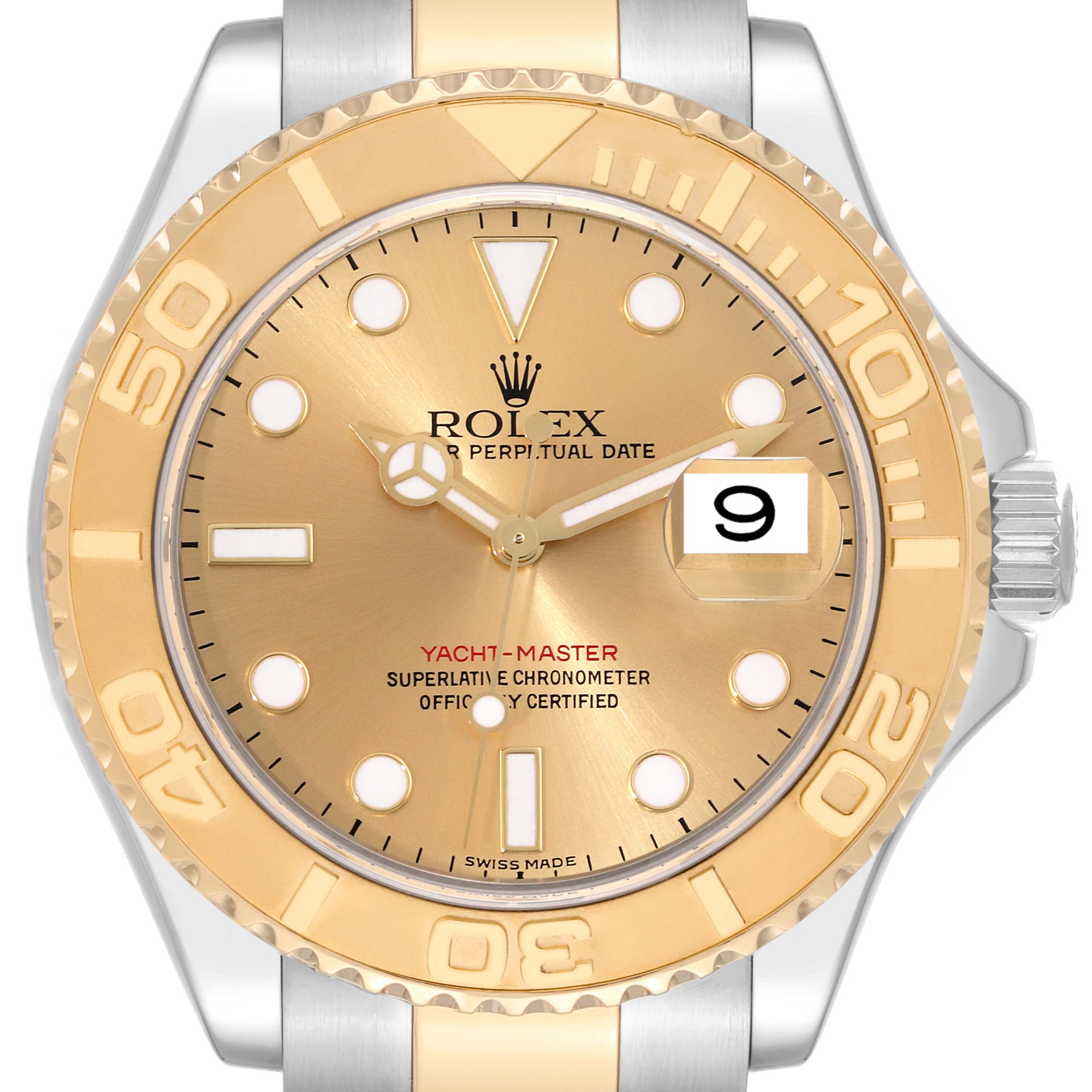The image shows a frontal view of a Rolex Yacht-Master 16623 Men's Steel and Gold (two tone) Champagne Dial 16623 Men's Steel and Gold (two tone) Champagne Dial watch, highlighting its gold bezel, dial, and date window.
