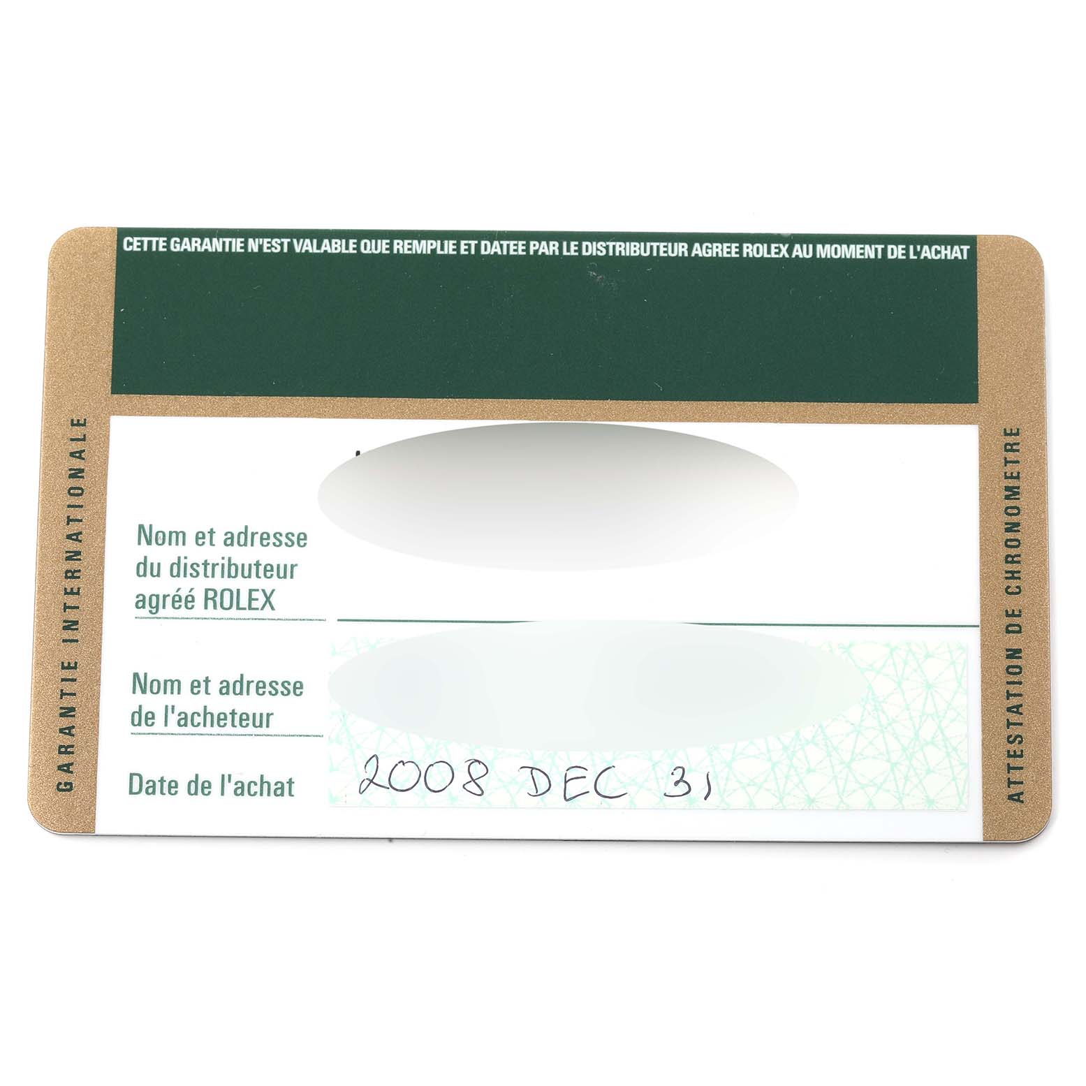 This is a top-down view of the warranty card for a Rolex Yacht-Master 16623 Men's Steel and Gold (two tone) Champagne Dial 16623 Men's Steel and Gold (two tone) Champagne Dial watch.