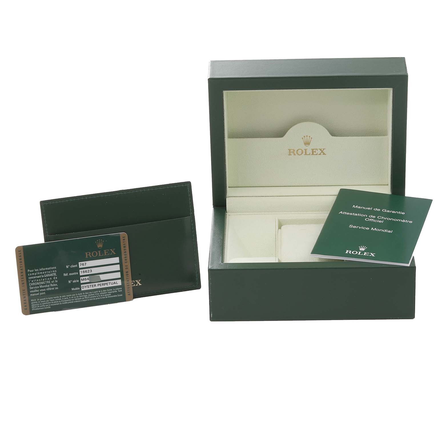 This Rolex Yacht-Master 16623 Men's Steel and Gold (two tone) Champagne Dial 16623 Men's Steel and Gold (two tone) Champagne Dial watch accessories set includes the box, warranty card, manual, and cardholder.