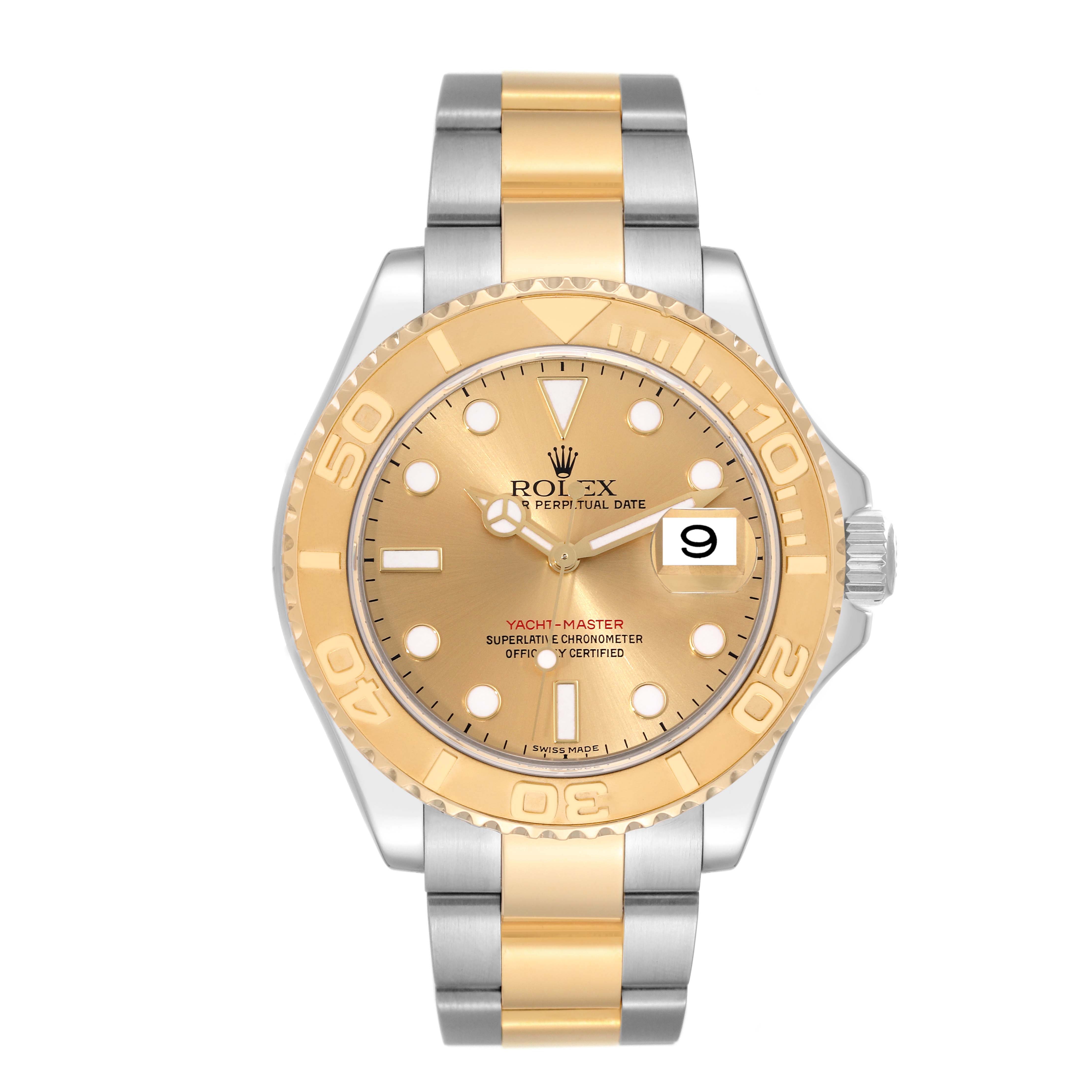 The Rolex Yacht-Master 16623 Men's Steel and Gold (two tone) Champagne Dial 16623 Men's Steel and Gold (two tone) Champagne Dial watch is shown from a top-down angle, highlighting its face and two-tone bracelet.