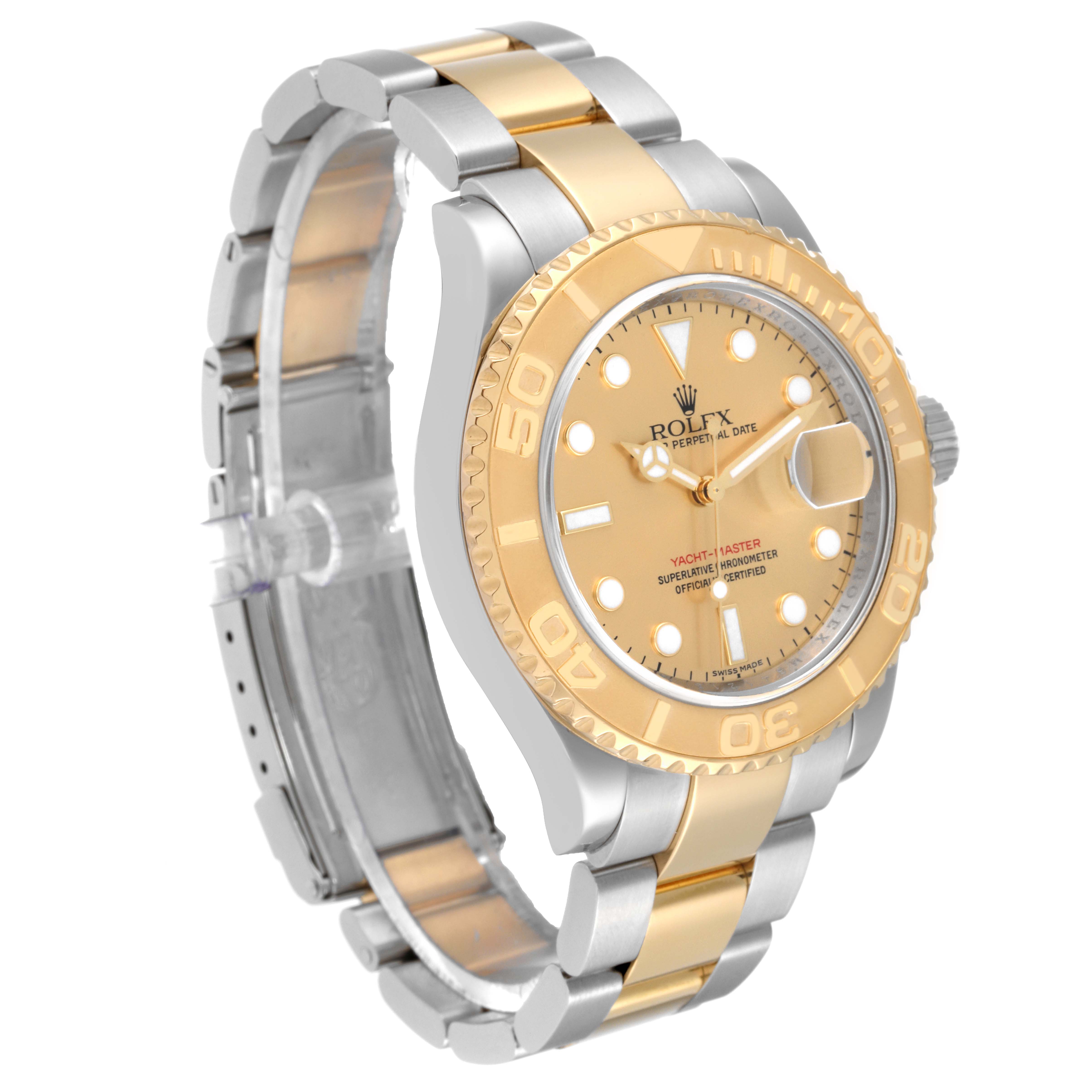 This image shows a side and front-angle view of the Rolex Yacht-Master 16623 Men's Steel and Gold (two tone) Champagne Dial 16623 Men's Steel and Gold (two tone) Champagne Dial watch, showcasing its face, bezel, and band.
