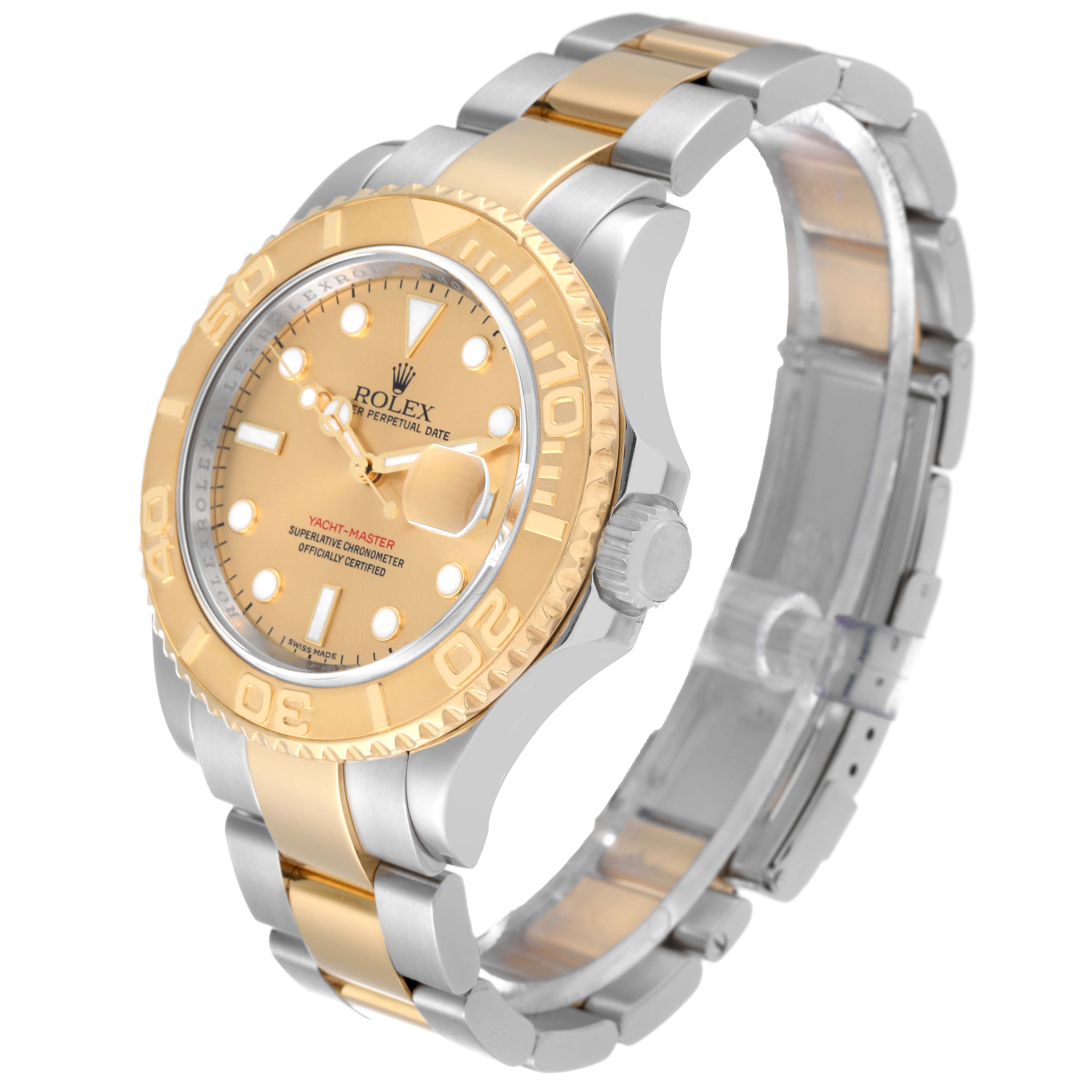 This Rolex Yacht-Master 16623 Men's Steel and Gold (two tone) Champagne Dial 16623 Men's Steel and Gold (two tone) Champagne Dial watch is shown at a three-quarter angle, highlighting the dial, bezel, and bracelet.