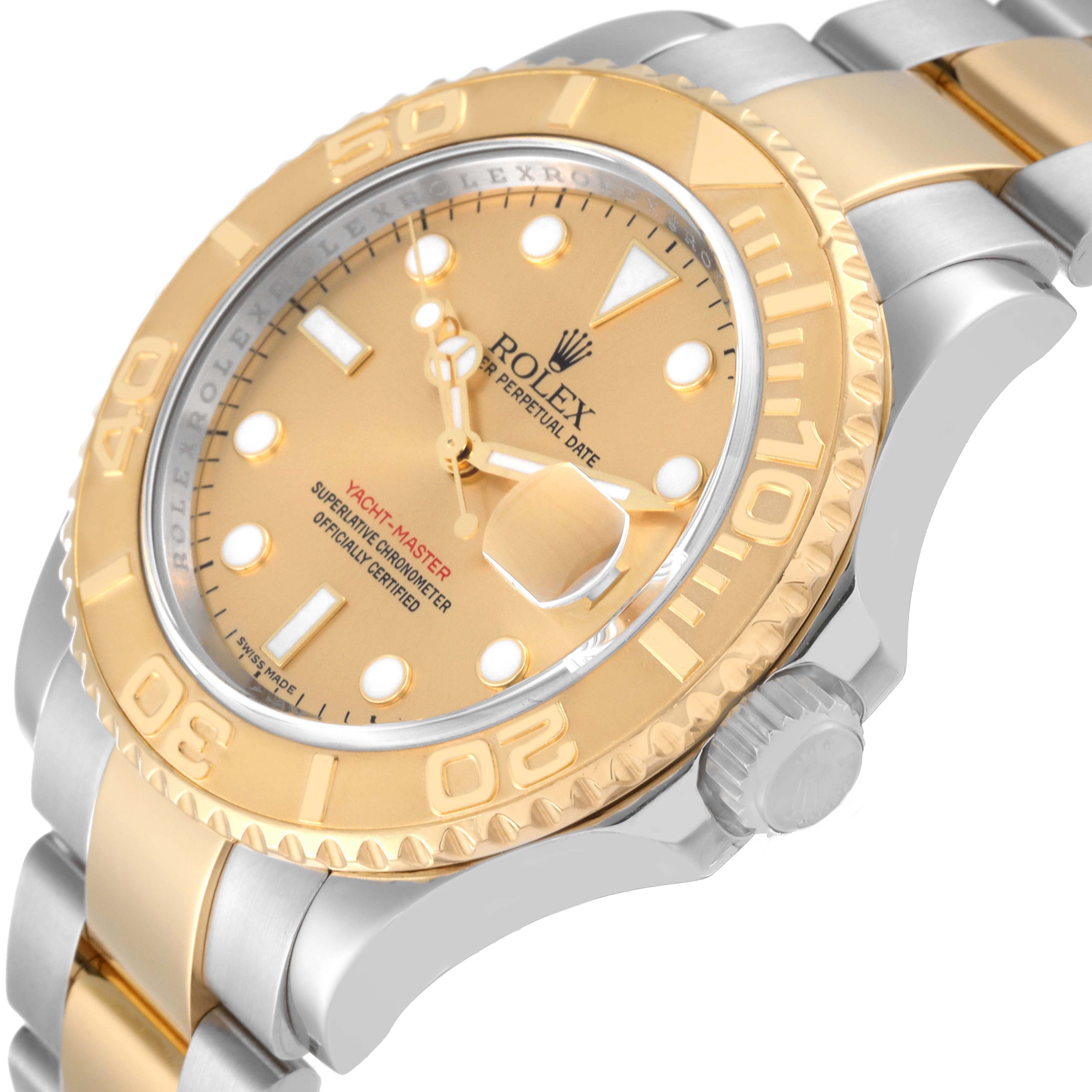 The image shows a close-up, angled view of the Rolex Yacht-Master 16623 Men's Steel and Gold (two tone) Champagne Dial 16623 Men's Steel and Gold (two tone) Champagne Dial, featuring its dial, bezel, crown, and bracelet.