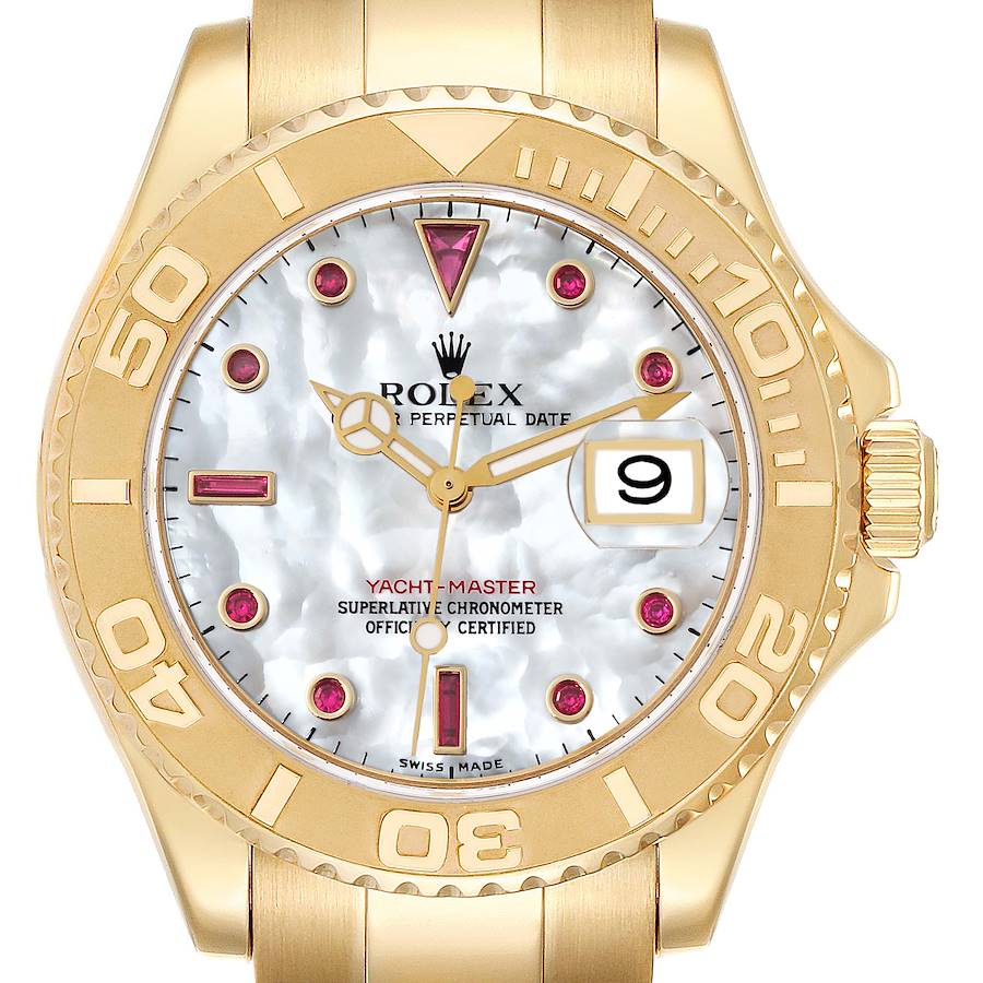 The Rolex Yacht-Master watch is shown from the front, highlighting its dial, bezel, crown, and hands.