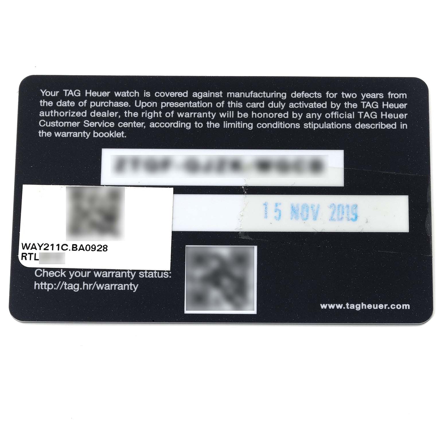 This image shows the warranty card for a Tag Heuer Aquaracer WAY211C.BA0928 Men's Stainless Steel Blue Dial WAY211C.BA0928 Men's Stainless Steel Blue Dial watch.