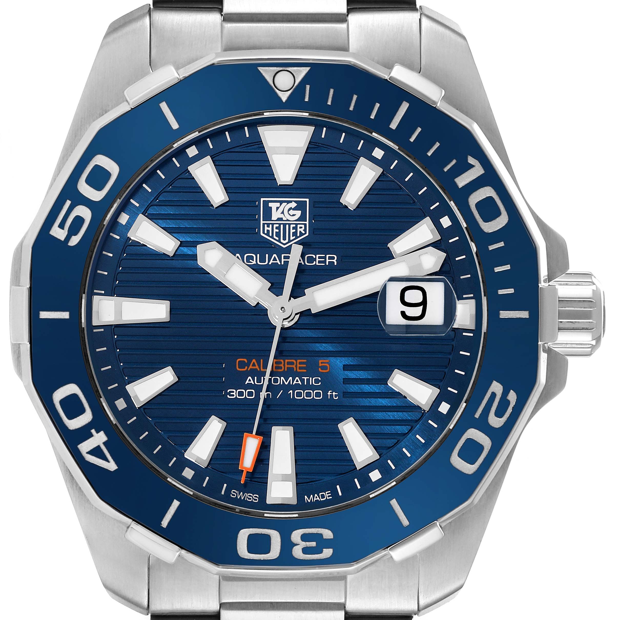 The image shows a full frontal view of a Tag Heuer Aquaracer WAY211C.BA0928 Men's Stainless Steel Blue Dial WAY211C.BA0928 Men's Stainless Steel Blue Dial watch, highlighting its blue dial and bezel.