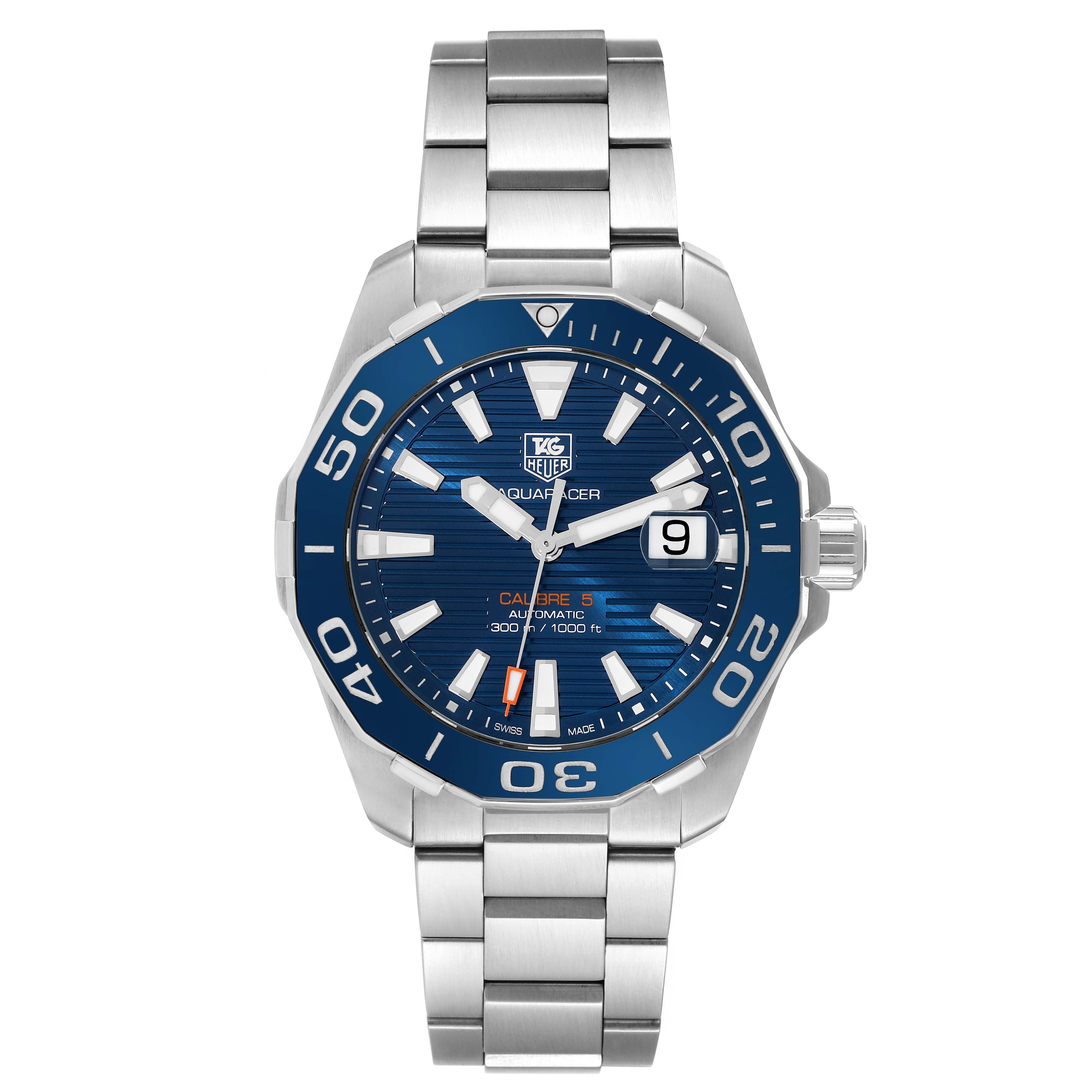 The image shows a front view of a Tag Heuer Aquaracer WAY211C.BA0928 Men's Stainless Steel Blue Dial WAY211C.BA0928 Men's Stainless Steel Blue Dial watch, displaying the dial, bezel, and metal bracelet.