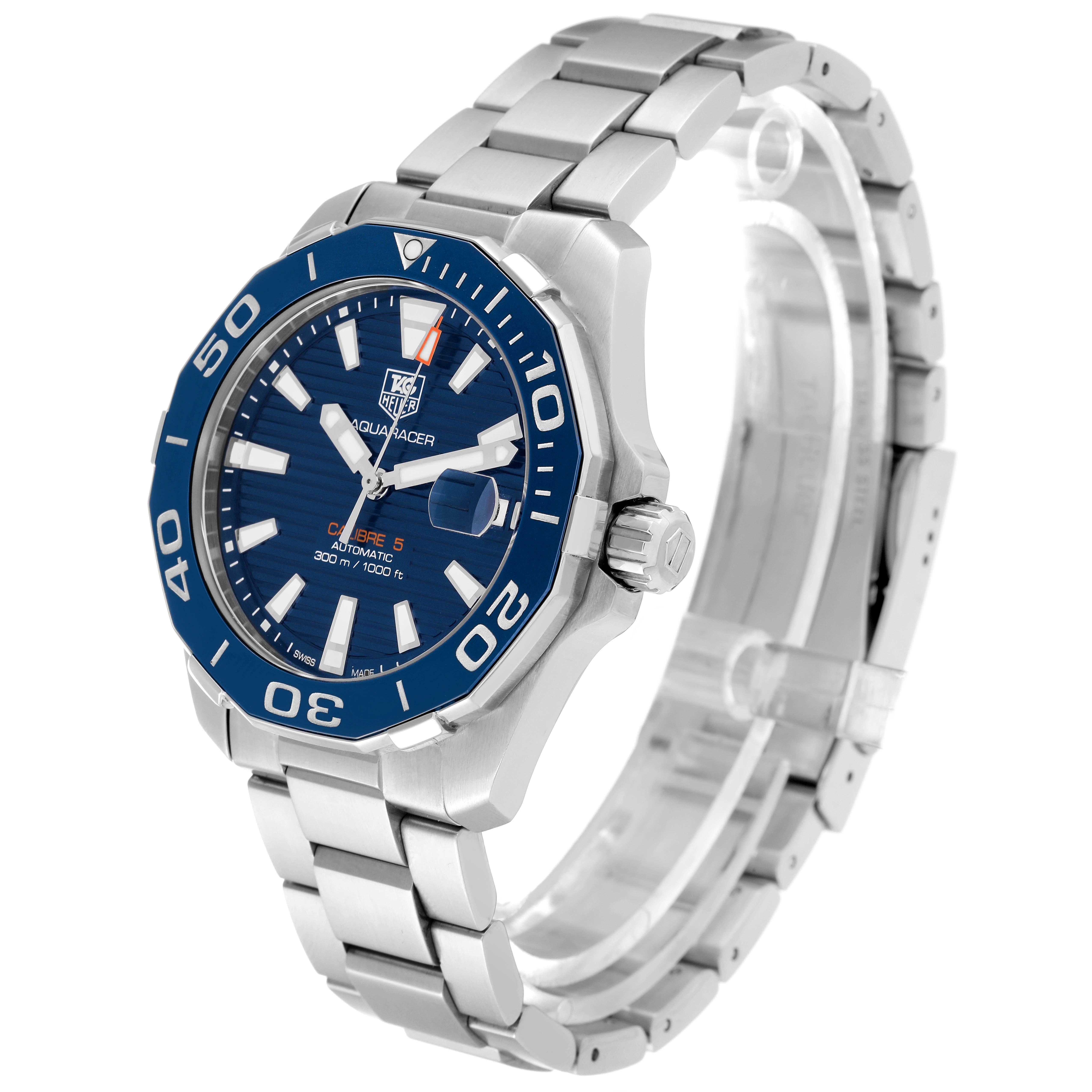 The image shows a Tag Heuer Aquaracer WAY211C.BA0928 Men's Stainless Steel Blue Dial WAY211C.BA0928 Men's Stainless Steel Blue Dial watch at a front-side angle, displaying its blue dial, bezel, and stainless steel bracelet.