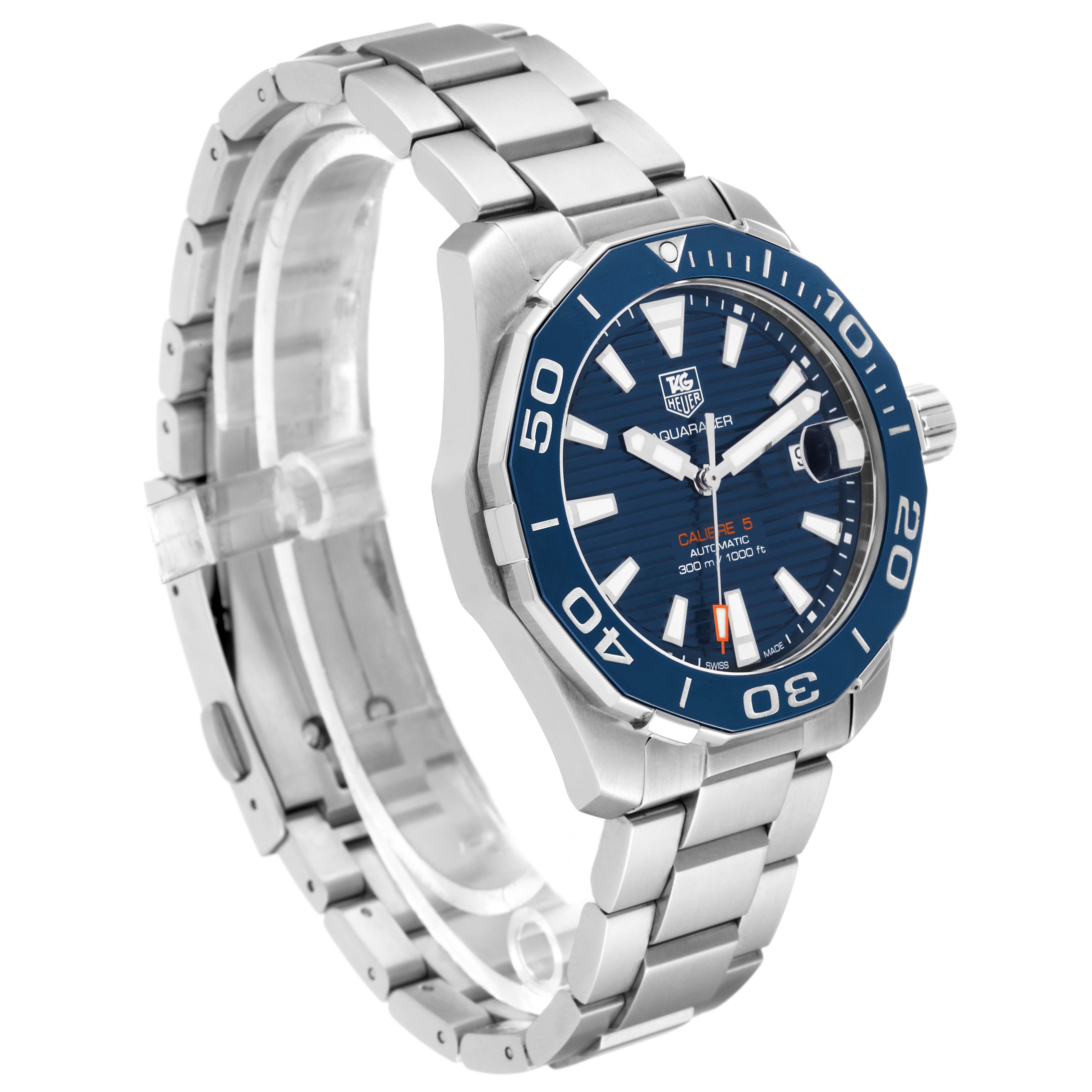 The image showcases a Tag Heuer Aquaracer WAY211C.BA0928 Men's Stainless Steel Blue Dial WAY211C.BA0928 Men's Stainless Steel Blue Dial watch at a slightly angled side view, highlighting its dial, bezel, and stainless steel bracelet.