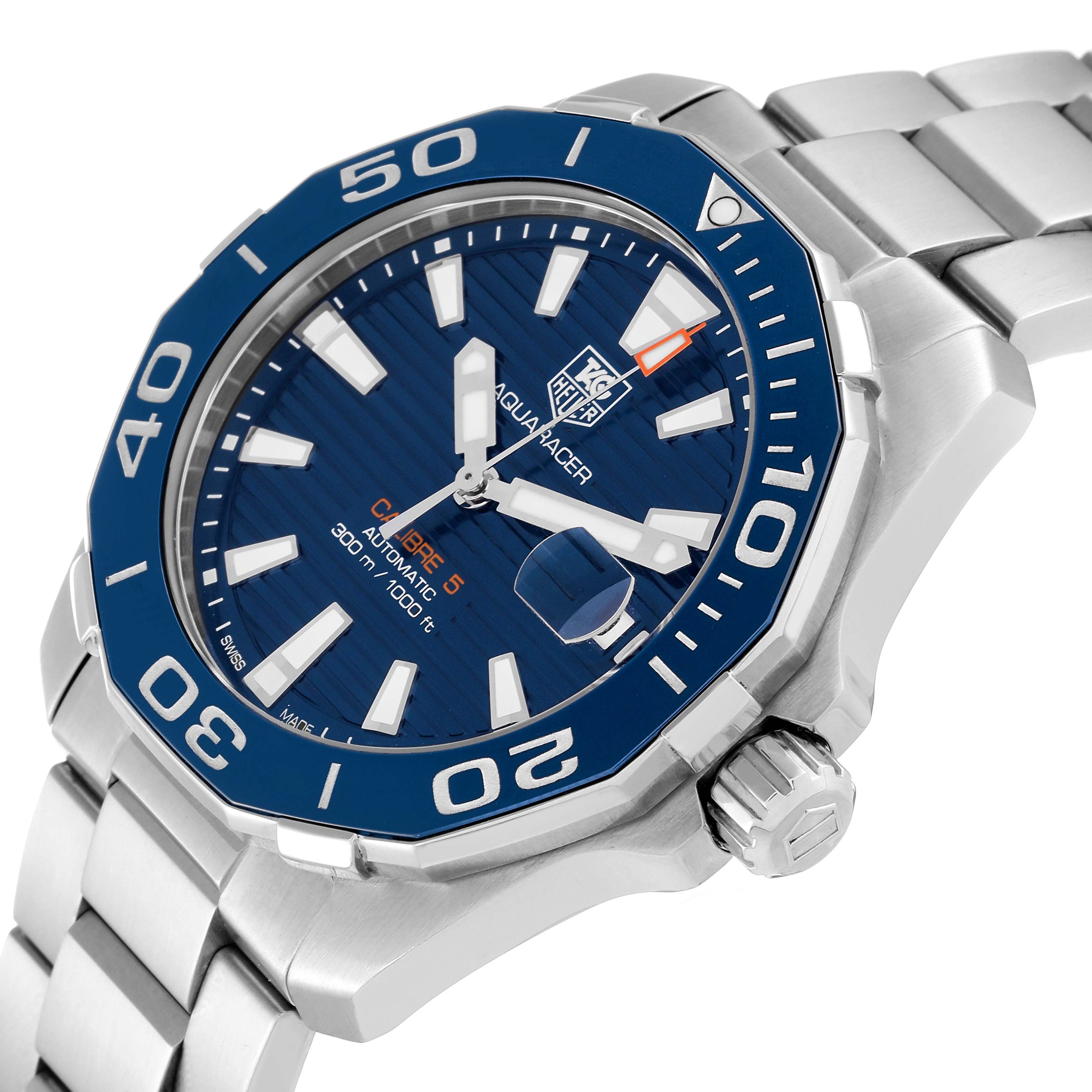 This image shows the face, bezel, and part of the bracelet of the Tag Heuer Aquaracer WAY211C.BA0928 Men's Stainless Steel Blue Dial WAY211C.BA0928 Men's Stainless Steel Blue Dial watch at a slight angle.