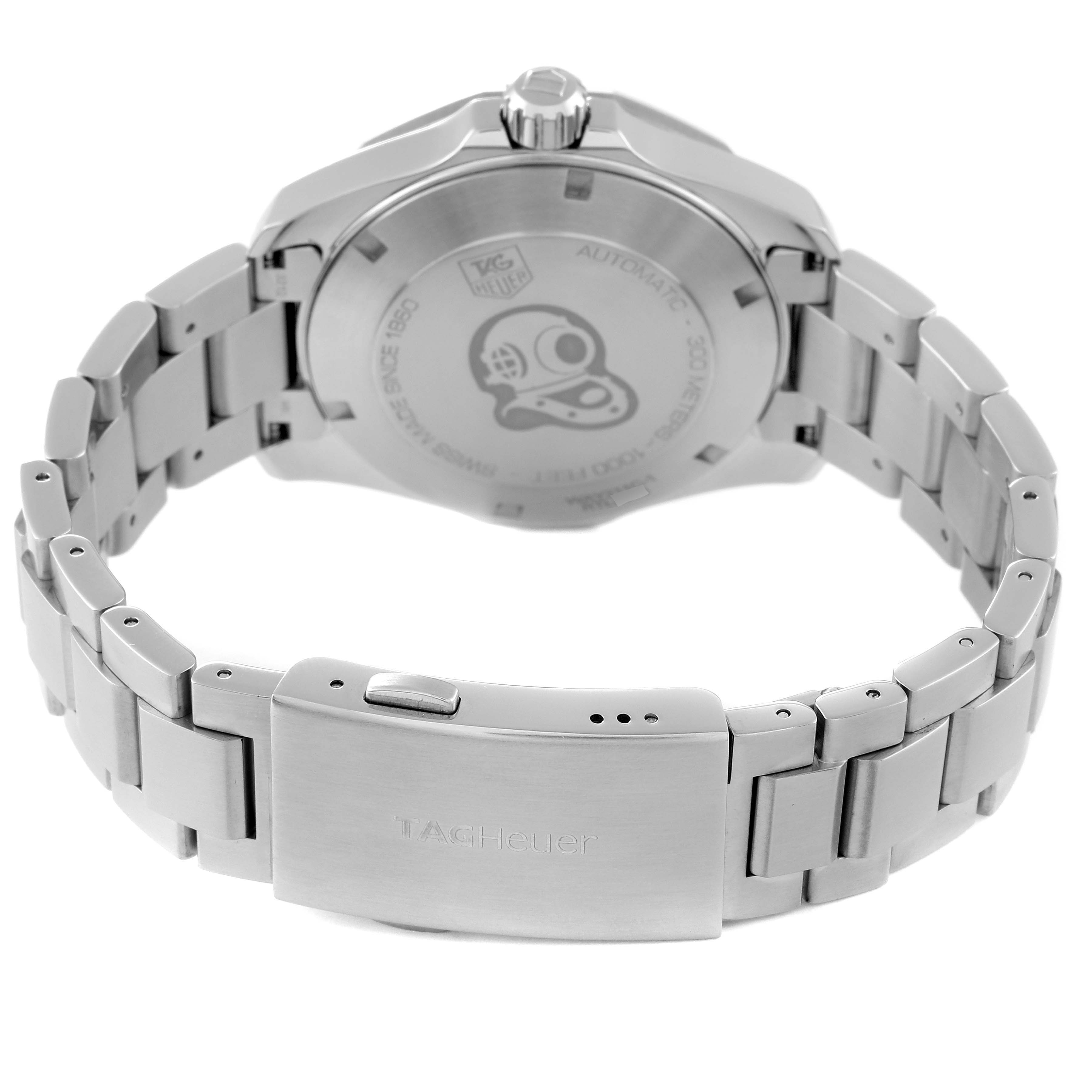 The image shows the back view of the Tag Heuer Aquaracer WAY211C.BA0928 Men's Stainless Steel Blue Dial WAY211C.BA0928 Men's Stainless Steel Blue Dial watch, highlighting its bracelet and clasp.