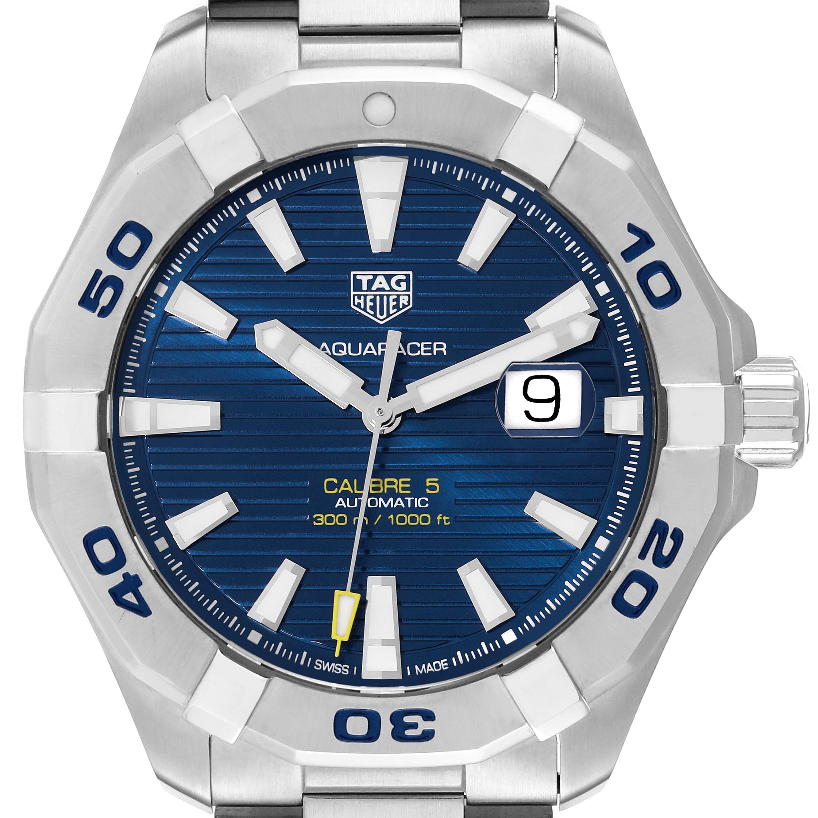The image shows a front view of the Tag Heuer Aquaracer WAY2012.BA0927 Men's Stainless Steel Blue Dial WAY2012.BA0927 Men's Stainless Steel Blue Dial watch, highlighting its blue dial, bezel, and date window at 3 o'clock.
