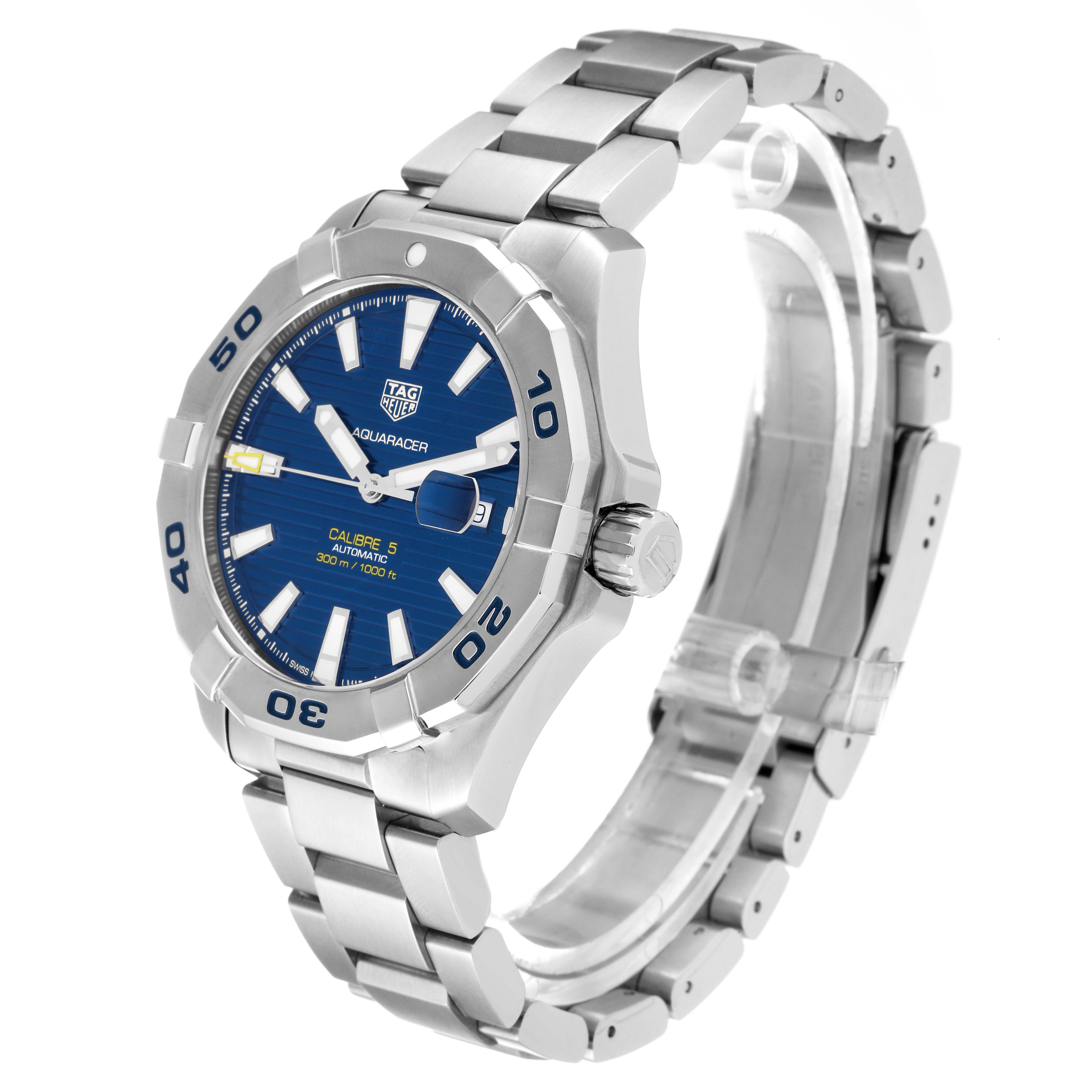 The image shows a Tag Heuer Aquaracer WAY2012.BA0927 Men's Stainless Steel Blue Dial WAY2012.BA0927 Men's Stainless Steel Blue Dial watch at an angled top-side view, highlighting the blue dial, bezel, bracelet, and crown.