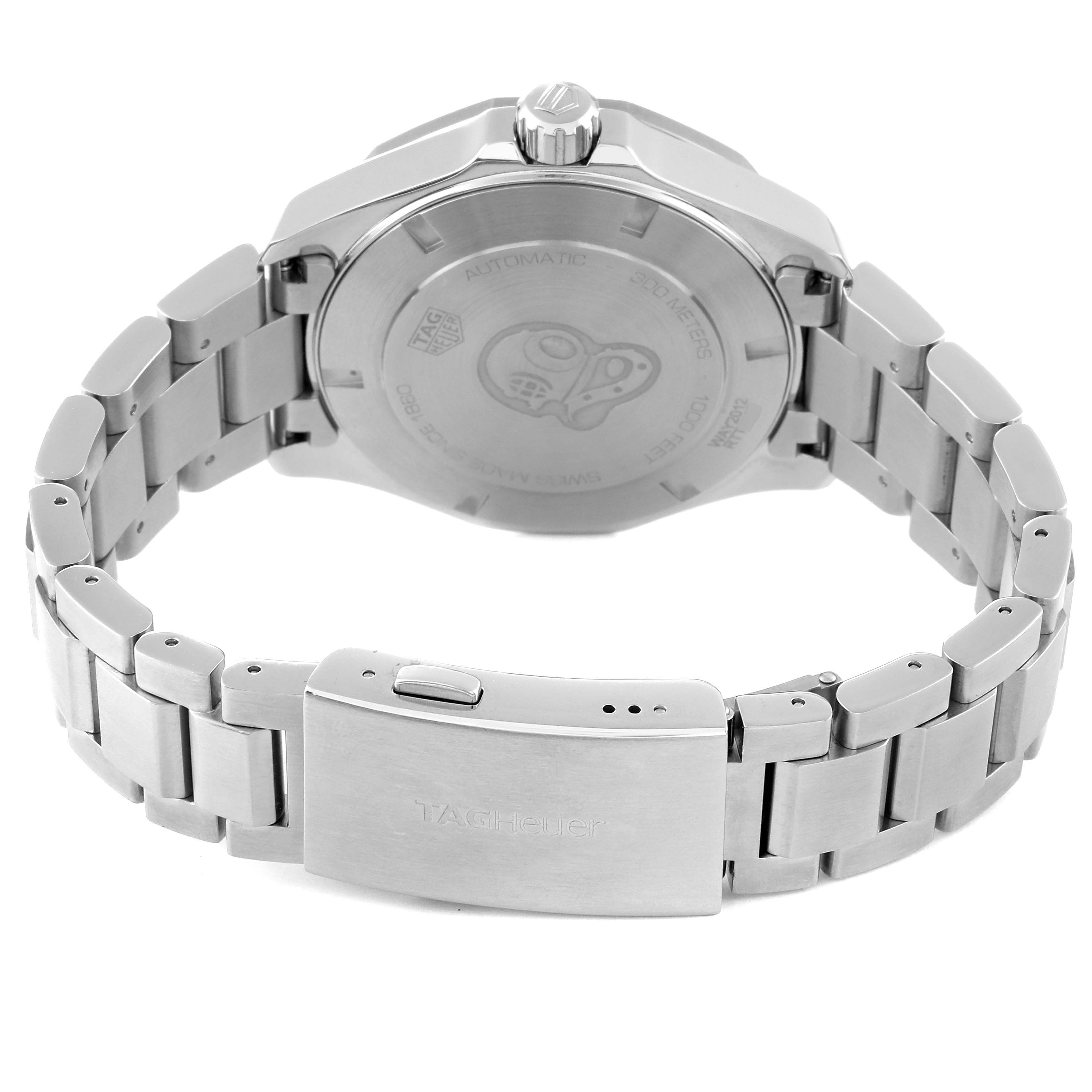 The image shows the backside and bracelet of a Tag Heuer Aquaracer WAY2012.BA0927 Men's Stainless Steel Blue Dial WAY2012.BA0927 Men's Stainless Steel Blue Dial watch, highlighting the case back, crown, and clasp.