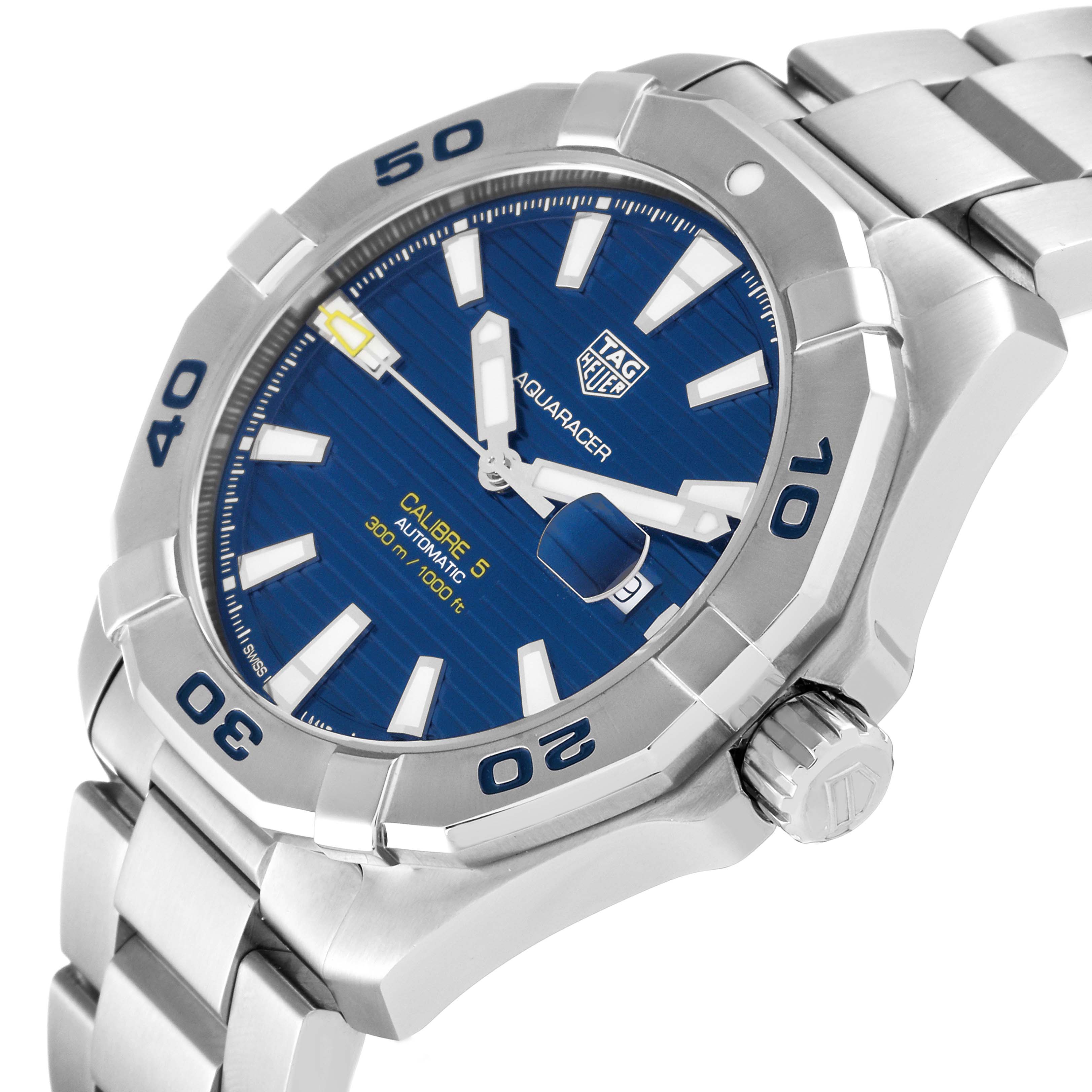 The image shows a close-up angle of the Tag Heuer Aquaracer WAY2012.BA0927 Men's Stainless Steel Blue Dial WAY2012.BA0927 Men's Stainless Steel Blue Dial watch, featuring its blue dial, bezel, crown, and metal bracelet.
