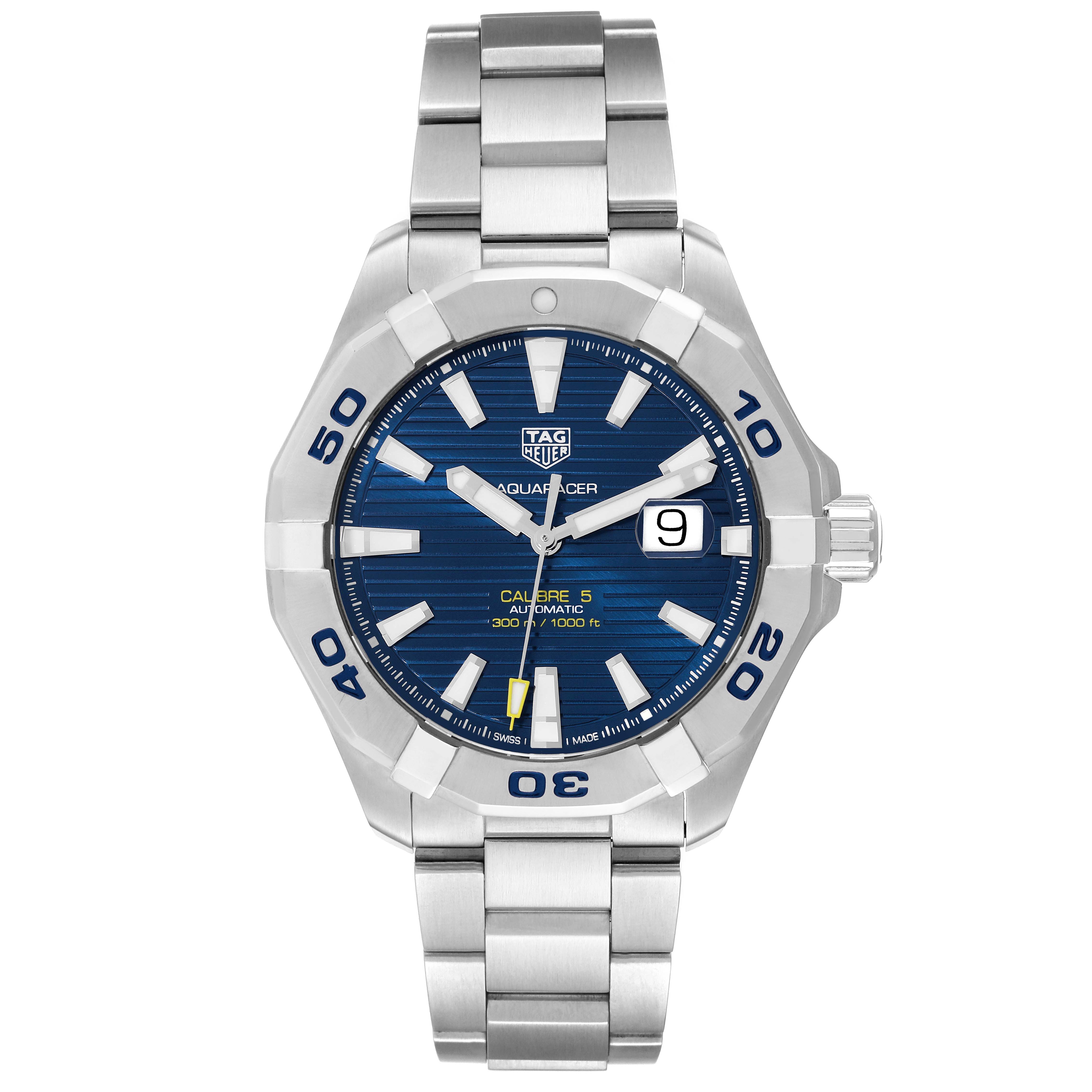 The image shows a frontal view of the Tag Heuer Aquaracer WAY2012.BA0927 Men's Stainless Steel Blue Dial WAY2012.BA0927 Men's Stainless Steel Blue Dial watch, displaying the dial, bezel, bracelet, and crown.