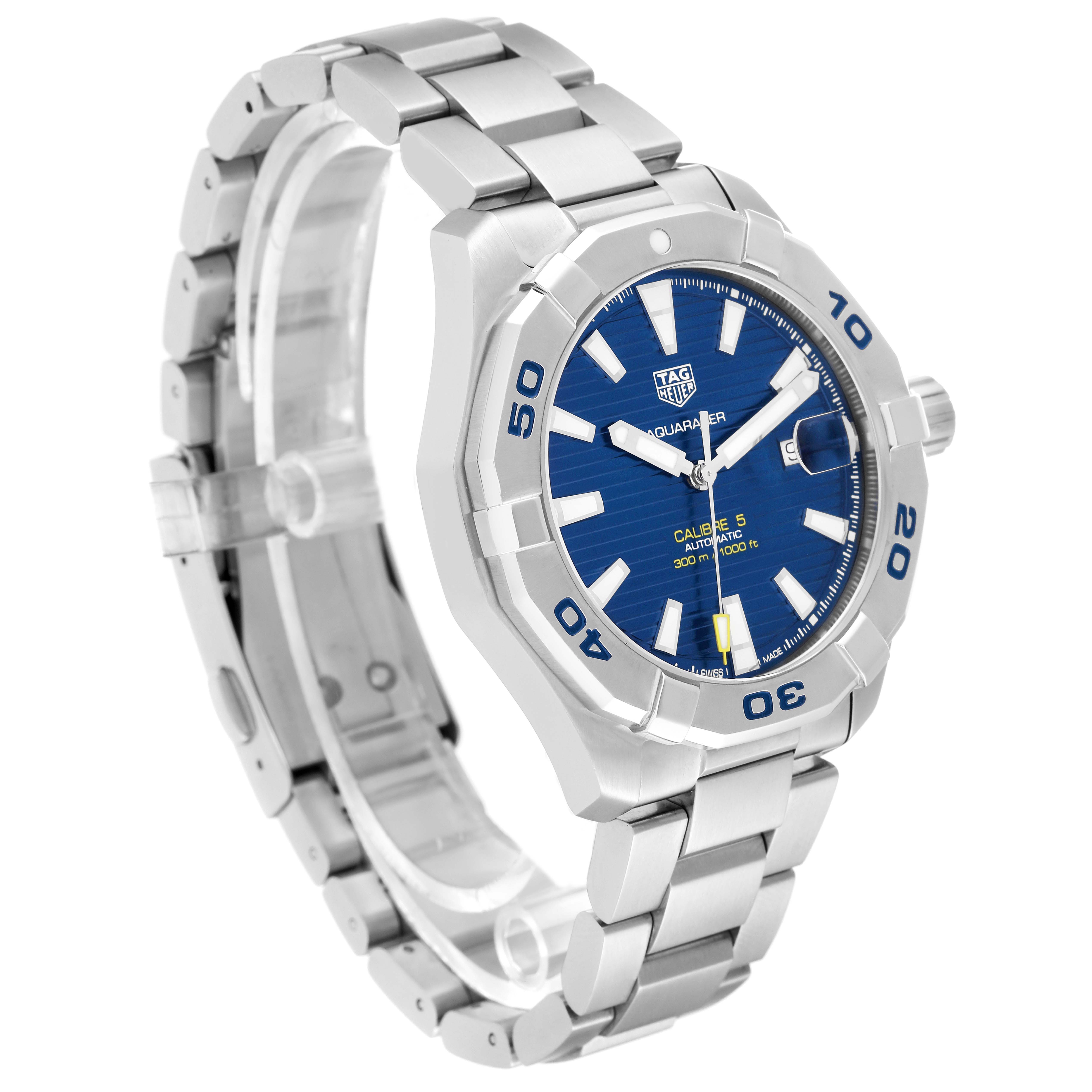 The image shows a Tag Heuer Aquaracer WAY2012.BA0927 Men's Stainless Steel Blue Dial WAY2012.BA0927 Men's Stainless Steel Blue Dial watch at a slight angle, highlighting its blue dial, bezel, and stainless steel bracelet.