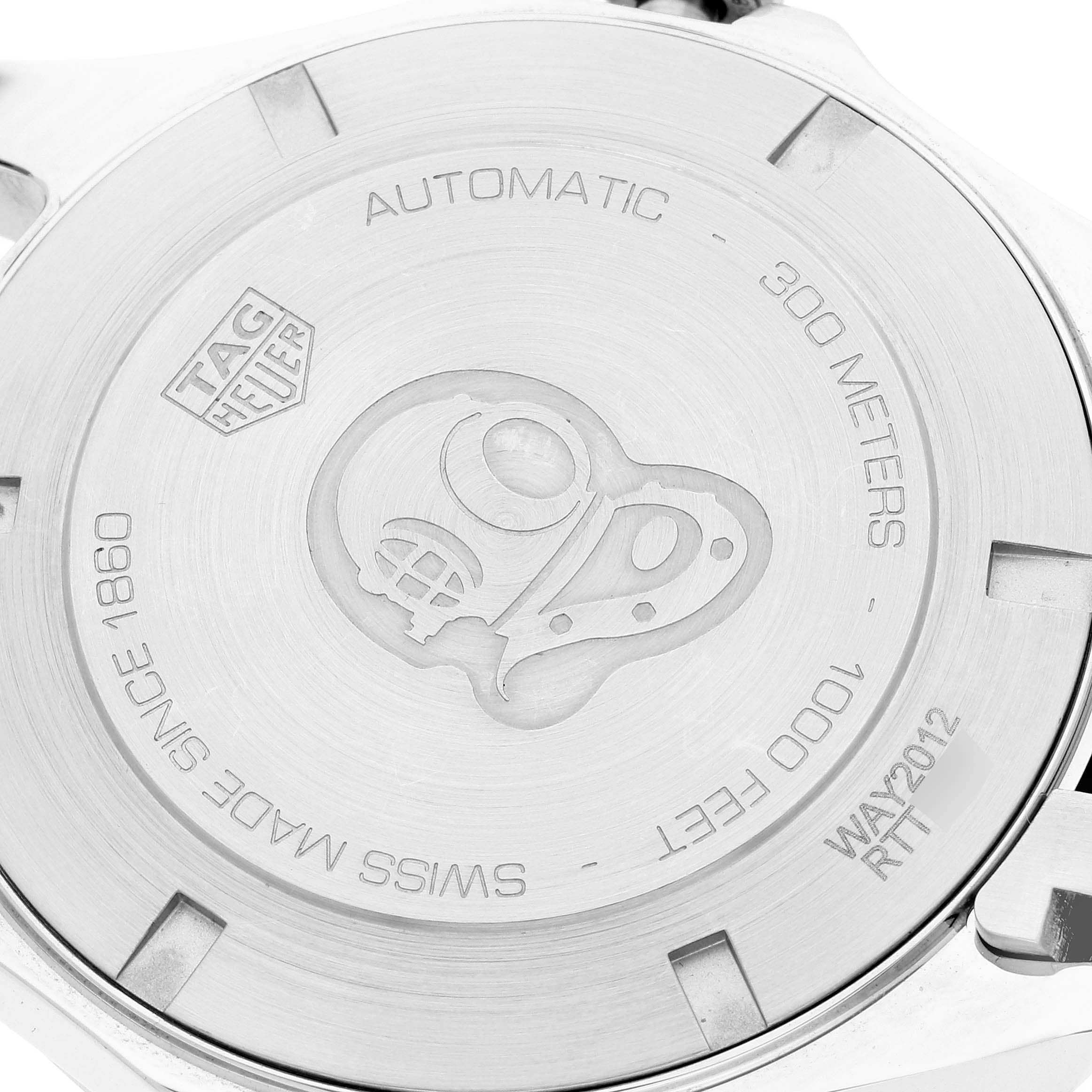 The image shows the back case of a Tag Heuer Aquaracer WAY2012.BA0927 Men's Stainless Steel Blue Dial WAY2012.BA0927 Men's Stainless Steel Blue Dial watch, featuring engravings and a diver helmet logo.