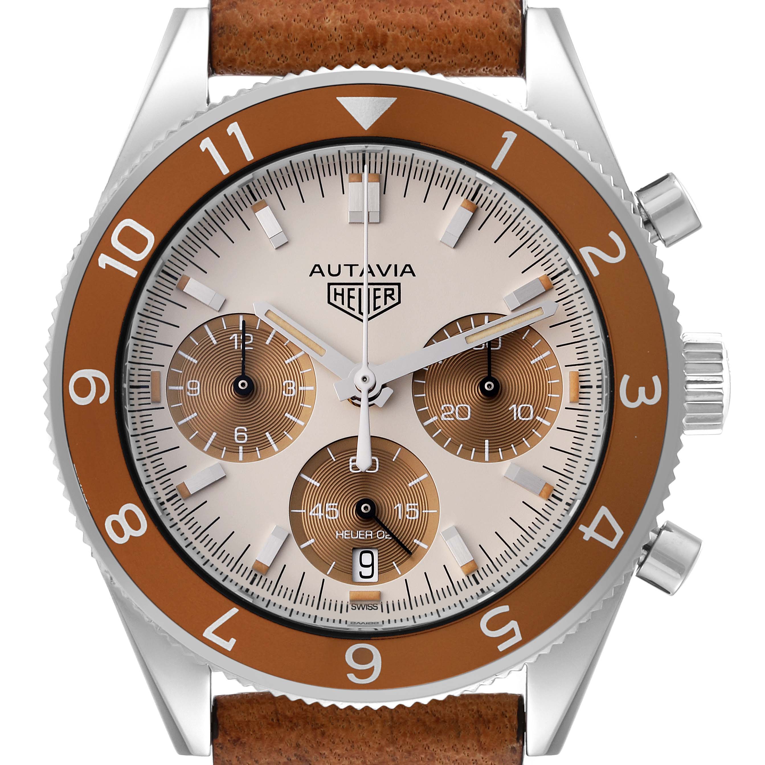 This image shows a front view of the Tag Heuer Autavia Limited Edition watch, highlighting its brown bezel, chronograph subdials, and leather strap.