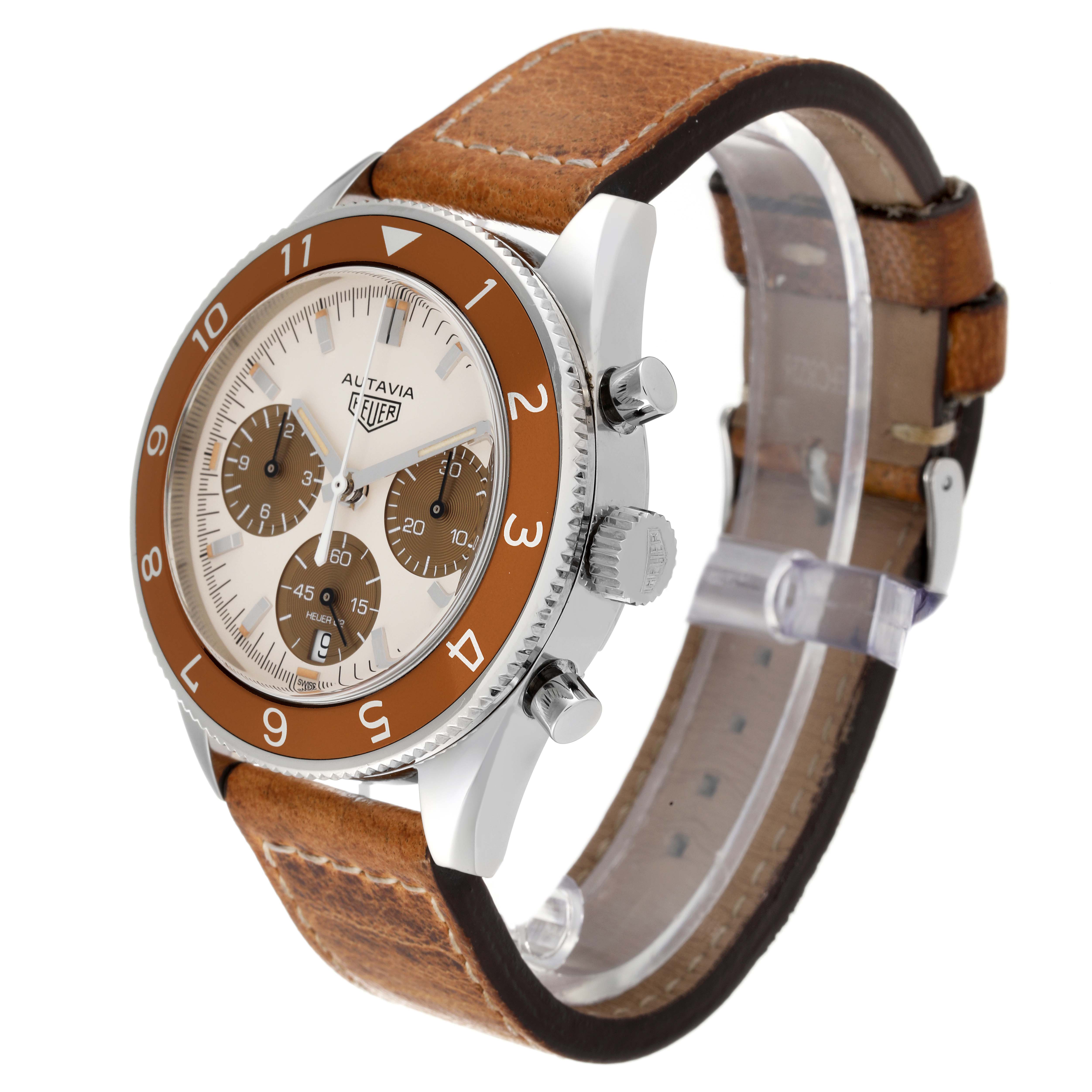 The image shows a side angle of the Tag Heuer Autavia Limited Edition watch, highlighting its brown leather strap and bezel.