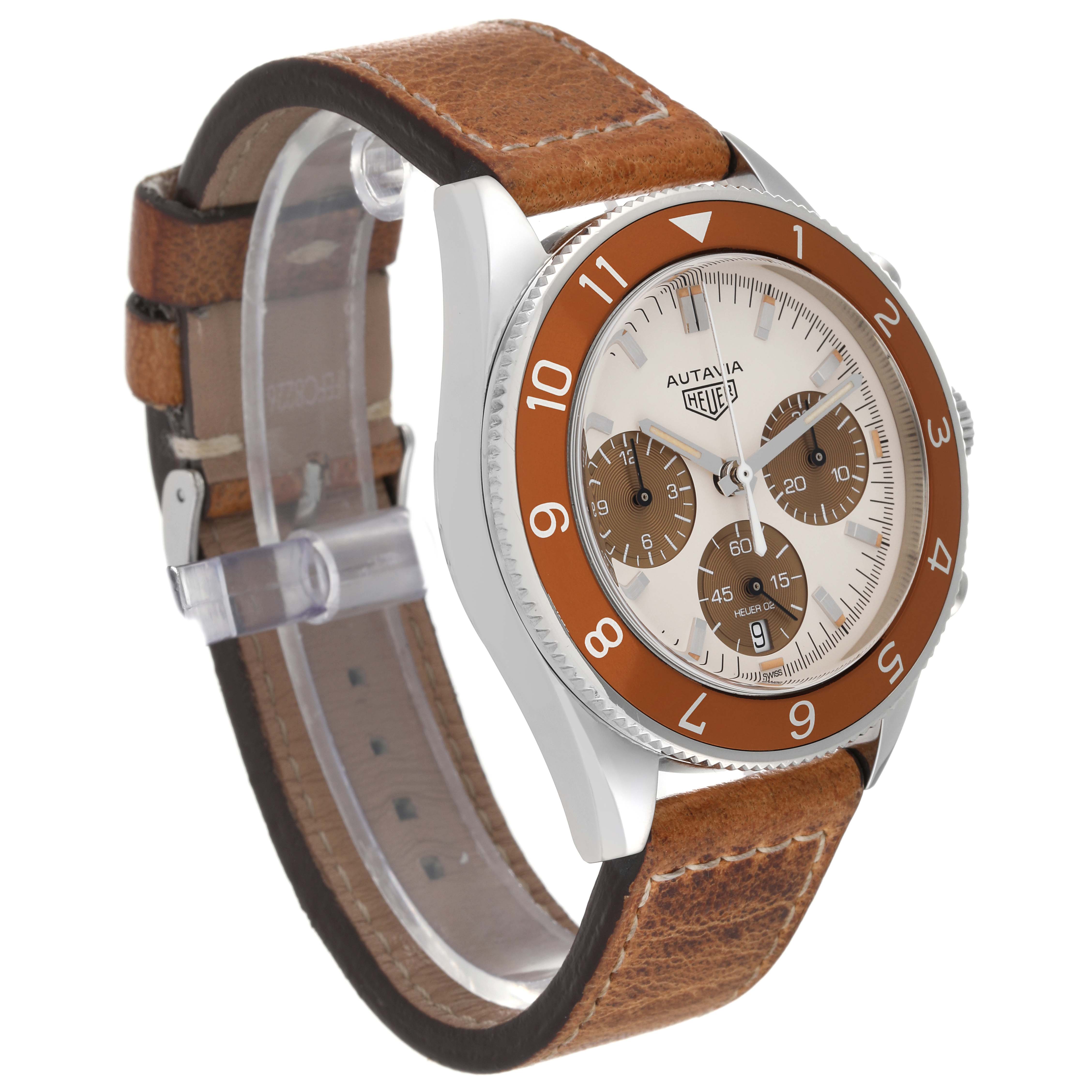 The image shows a front angled view of the Limited Edition Tag Heuer Autavia watch, highlighting its dial, bezel, and leather strap.