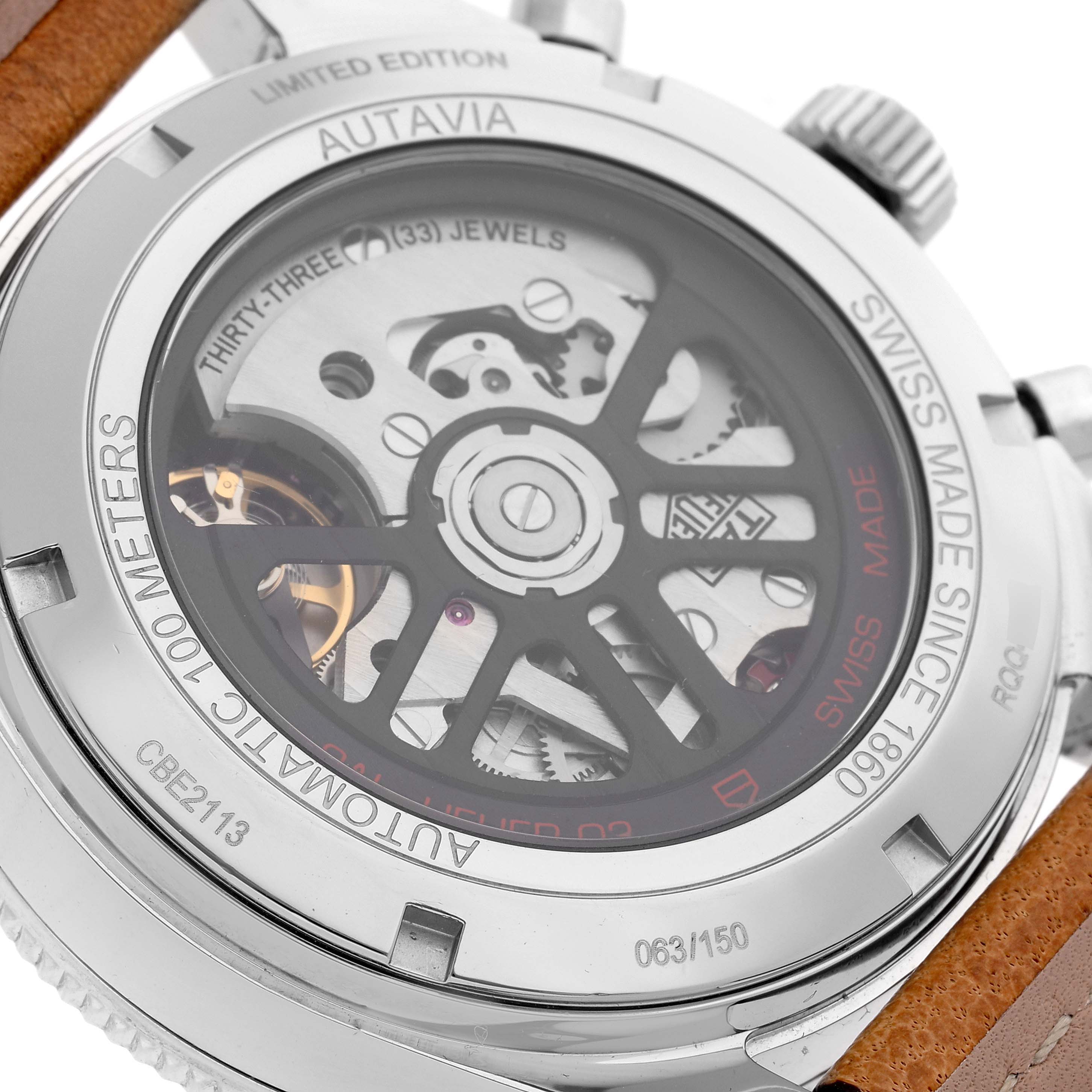 This image shows the back of the Tag Heuer Limited Edition CBE2113.FC8226 Men
s Stainless Steel Beige Dial CBE2113.FC8226 Men
s Stainless Steel Beige Dial Autavia watch, highlighting its automatic movement and serial number.