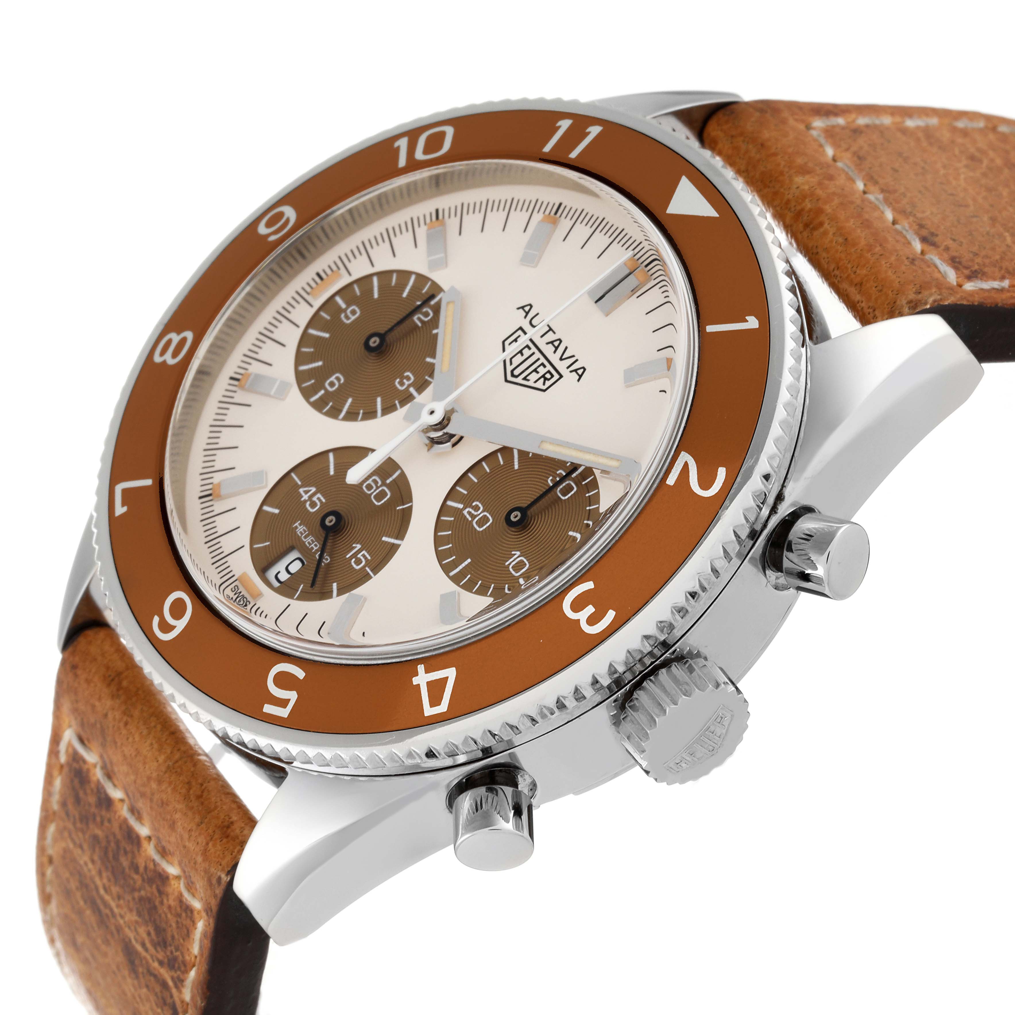 The image shows a side and front view of the Tag Heuer Autavia Limited Edition watch, highlighting its dial, bezel, crown, buttons, and leather strap.