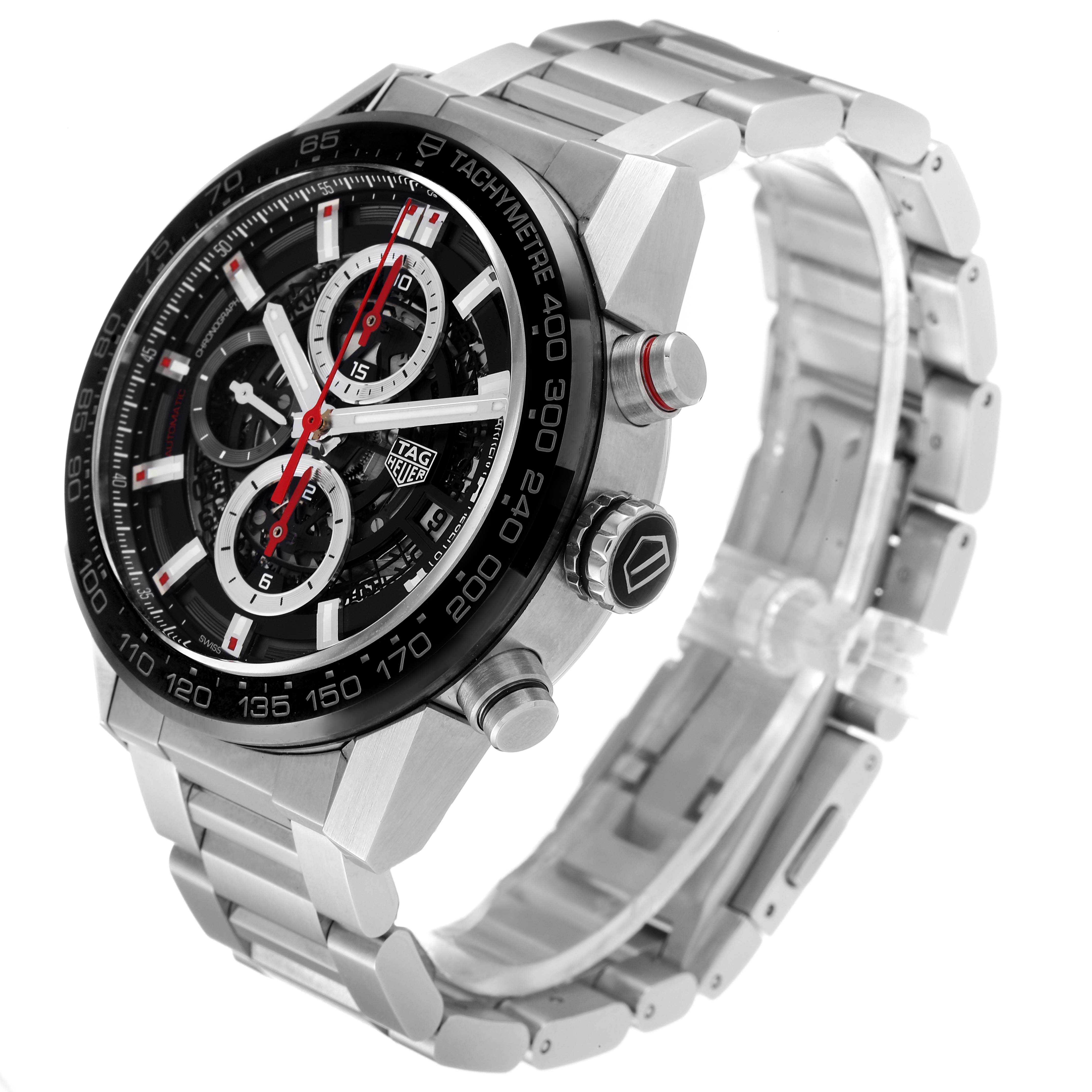 The image shows a Tag Heuer Carrera CAR201V.BA0714 Men's Stainless Steel Black Dial CAR201V.BA0714 Men's Stainless Steel Black Dial watch at an angled view, highlighting the face, tachymeter bezel, crown, chronograph pushers, and stainless steel bracelet.