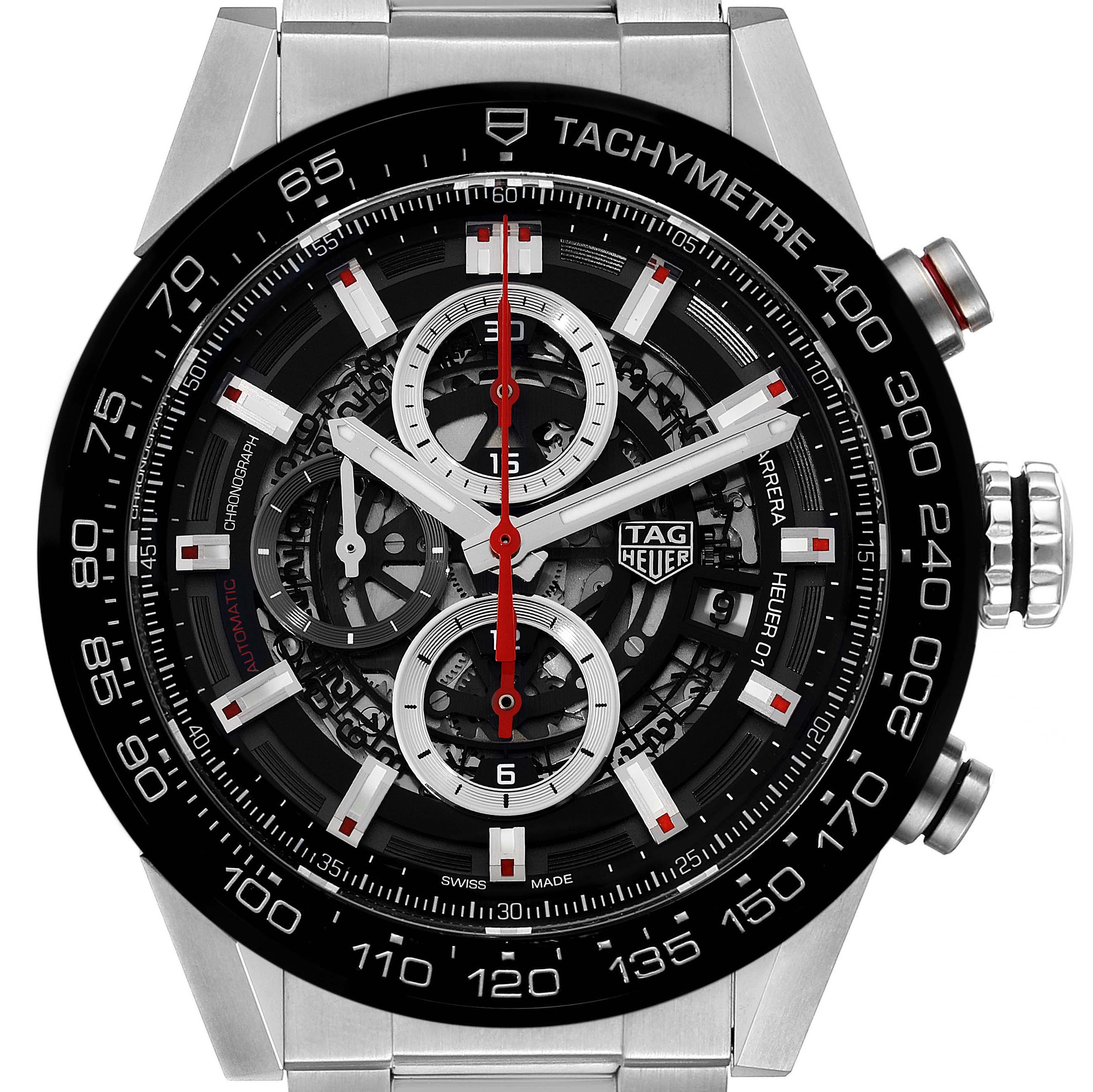 This image shows a frontal view of a Tag Heuer Carrera CAR201V.BA0714 Men's Stainless Steel Black Dial CAR201V.BA0714 Men's Stainless Steel Black Dial model watch, highlighting its dial, chronograph subdials, and tachymeter bezel.