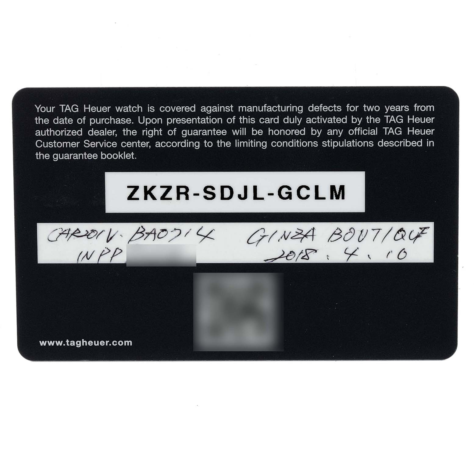 This image shows a warranty card for a Tag Heuer Carrera CAR201V.BA0714 Men's Stainless Steel Black Dial CAR201V.BA0714 Men's Stainless Steel Black Dial watch with the serial number and purchase details.