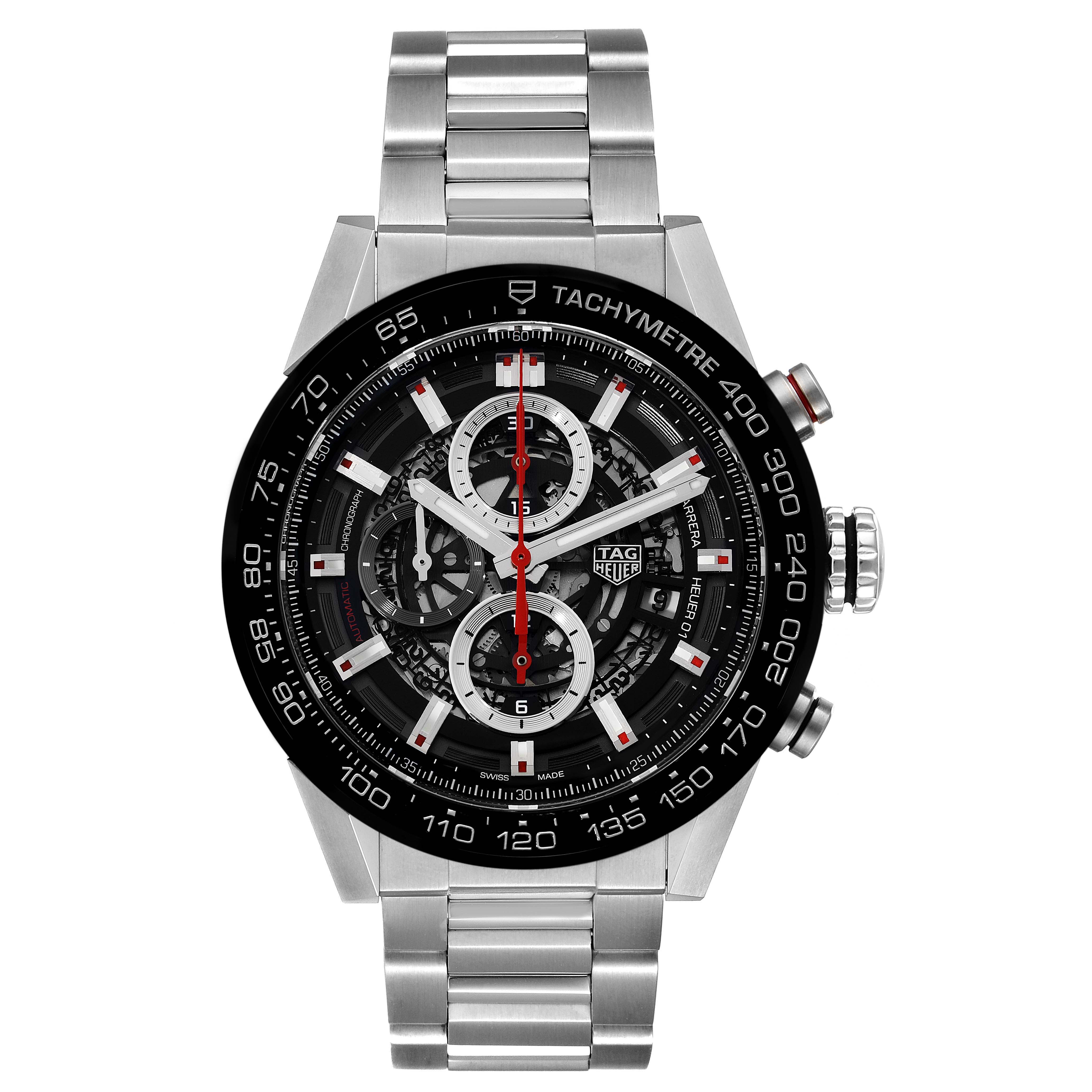 The image shows a front view of a Tag Heuer Carrera CAR201V.BA0714 Men's Stainless Steel Black Dial CAR201V.BA0714 Men's Stainless Steel Black Dial watch with a metal bracelet and tachymeter bezel.