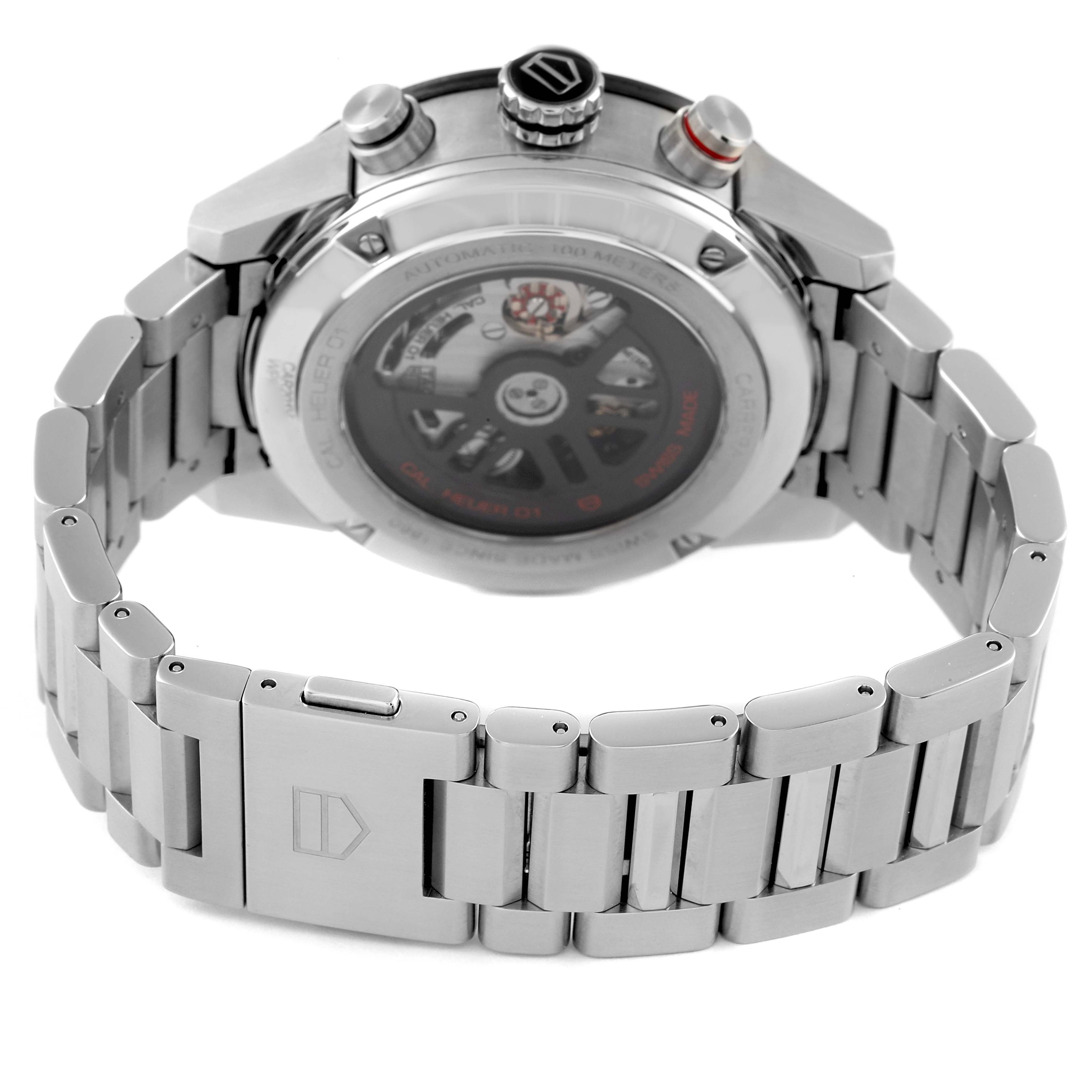 The Tag Heuer Carrera CAR201V.BA0714 Men's Stainless Steel Black Dial CAR201V.BA0714 Men's Stainless Steel Black Dial watch is shown from the back, highlighting its bracelet and open case back.