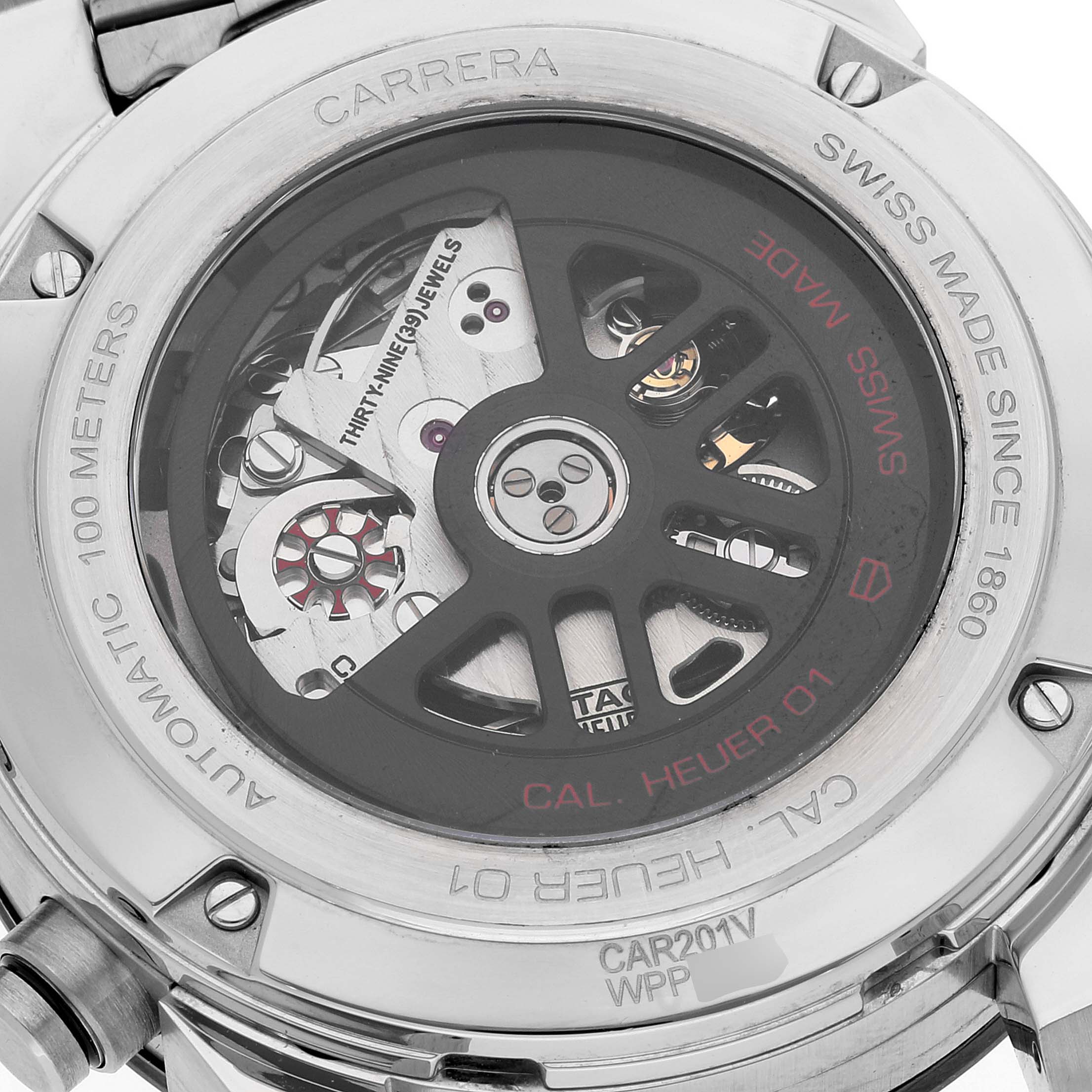 The image shows the back view of a Tag Heuer Carrera CAR201V.BA0714 Men's Stainless Steel Black Dial CAR201V.BA0714 Men's Stainless Steel Black Dial watch, highlighting its automatic movement and inscriptions.