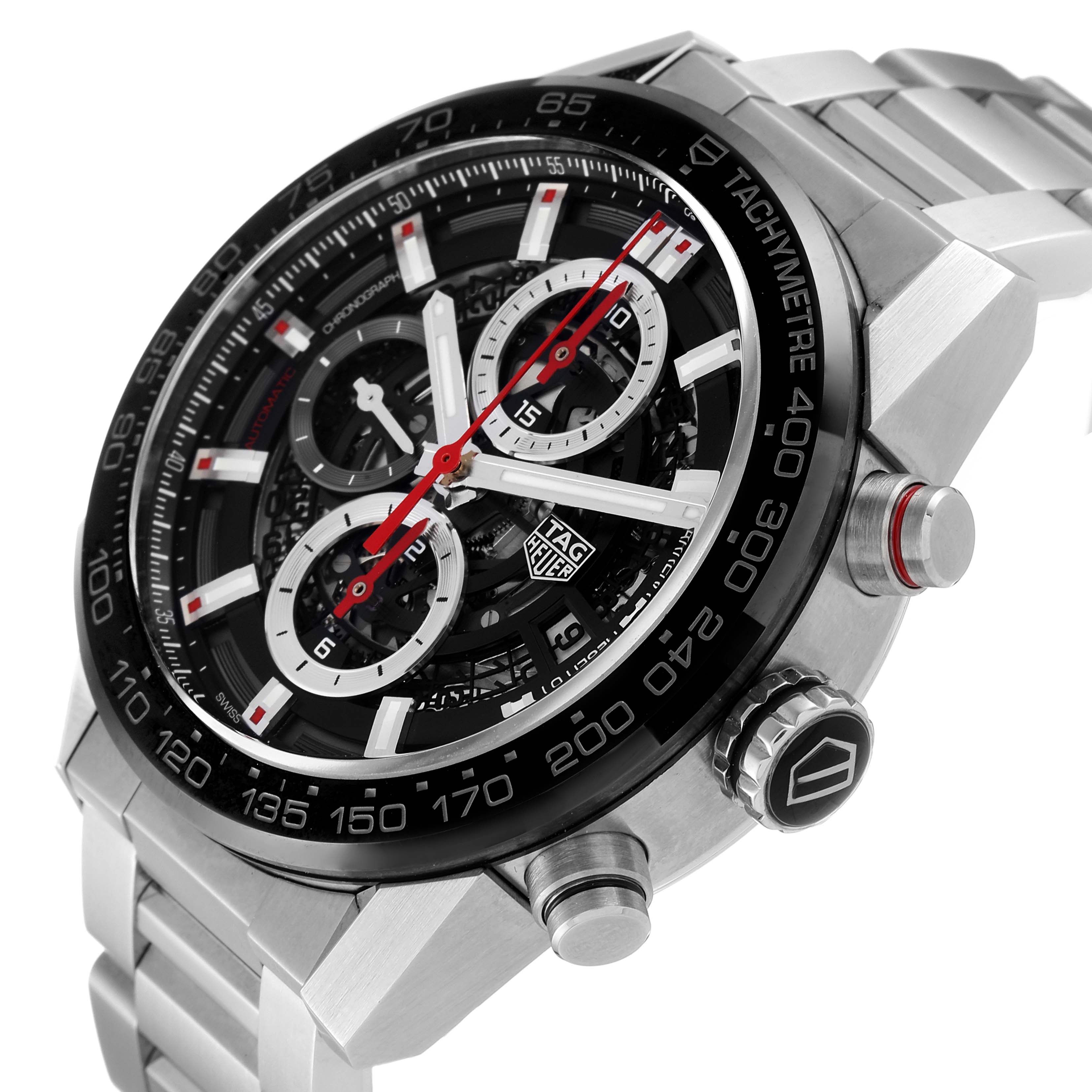 The image shows a close-up angle of the Tag Heuer Carrera CAR201V.BA0714 Men's Stainless Steel Black Dial CAR201V.BA0714 Men's Stainless Steel Black Dial watch, highlighting its face, tachymeter bezel, crown, and pushers.